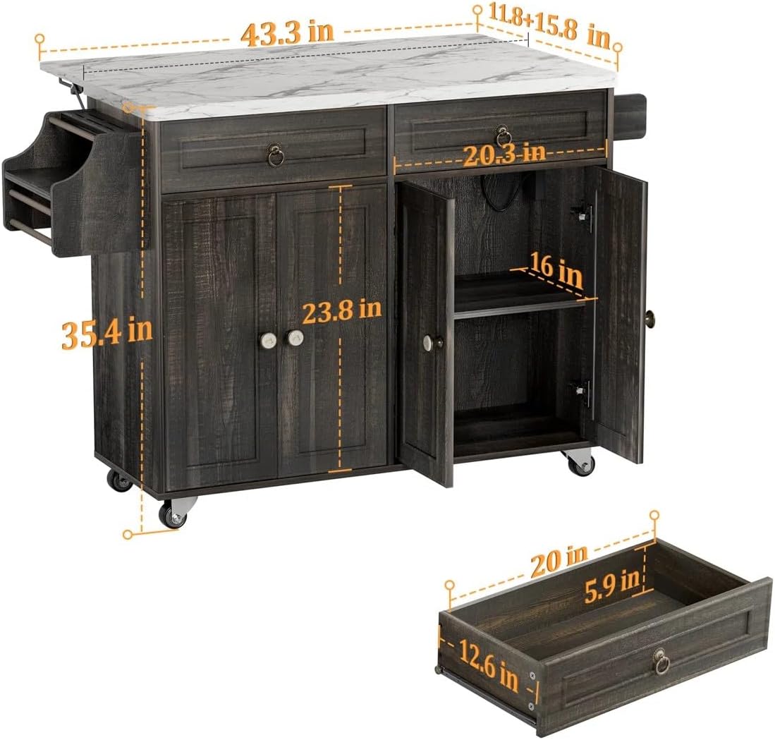 Zephome Farmhouse Kitchen Island with Power Outlet and Drop Leaf, Rolling Kitchen Cart on Wheels with Storage Cabinets & Drawers, Portable Wooden Microwave Stand Spice Rack for Small Spaces