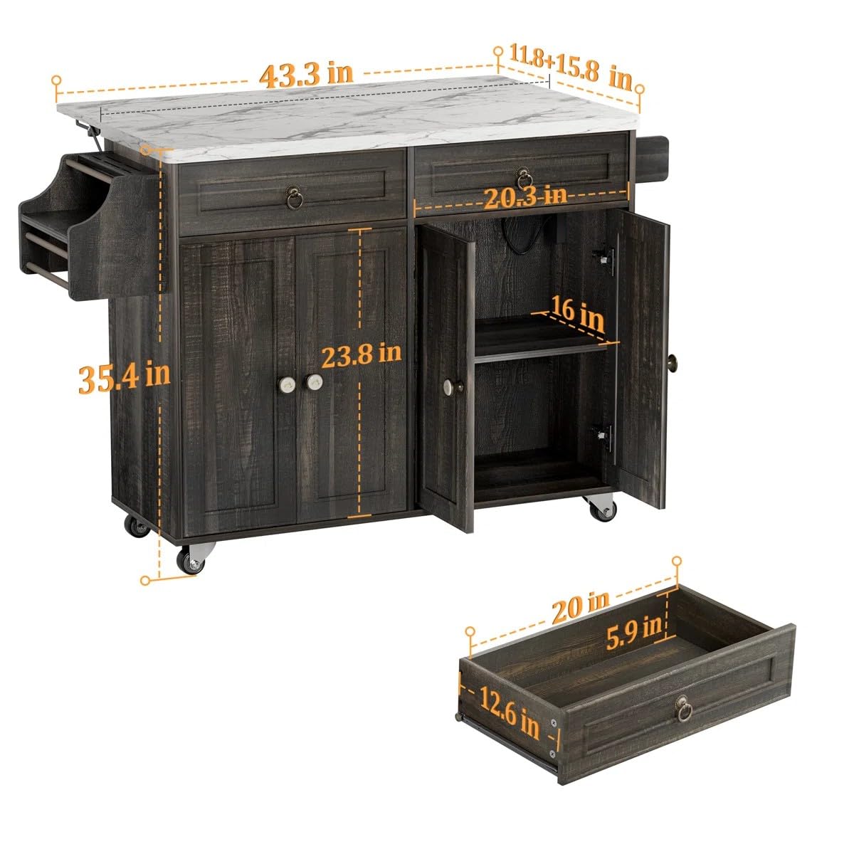 Zephome Farmhouse Kitchen Island with Power Outlet and Drop Leaf, Rolling Kitchen Cart on Wheels with Storage Cabinets & Drawers, Portable Wooden Microwave Stand Spice Rack for Small Spaces