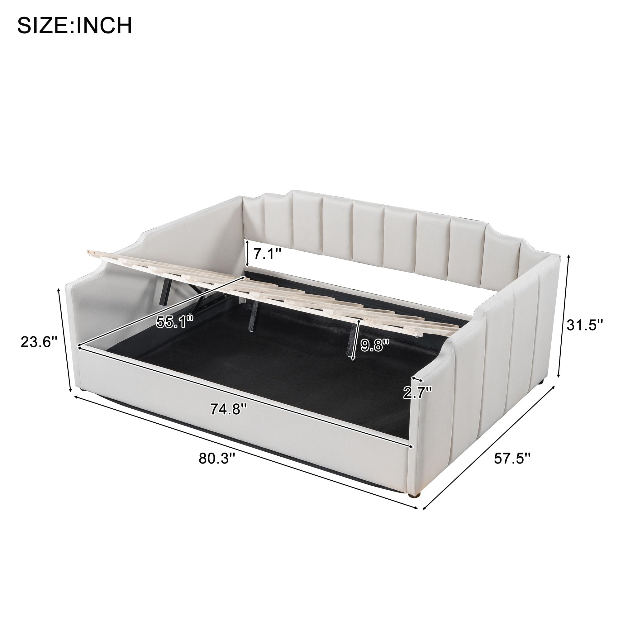 Merax Daybed, Full Size Tufted Upholstered Linen Fabric Sofa Bed with Underneath Storage for Bedroom, Wood Slat Support, No Box Spring Needed, Easy Assembly, White
