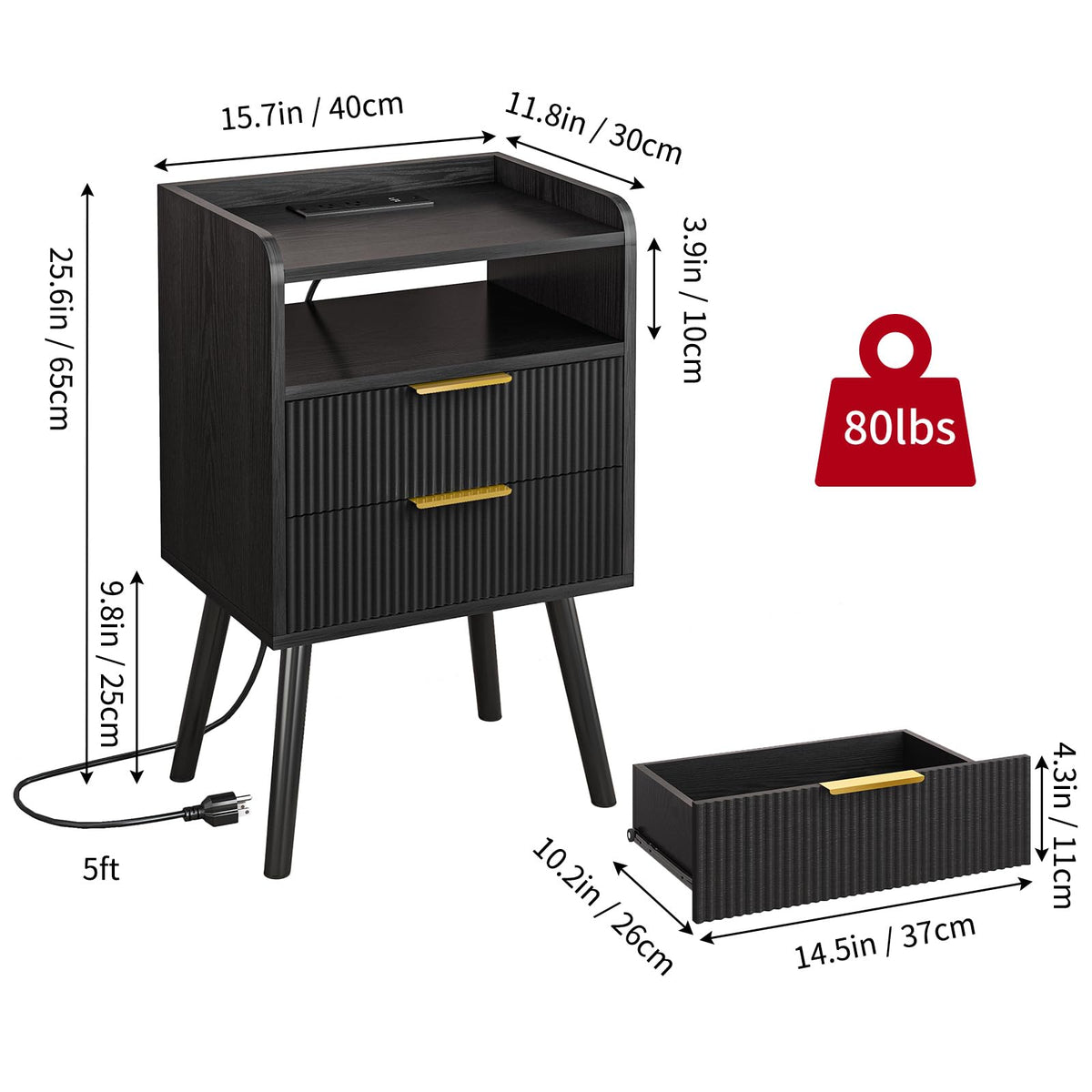 Fixwal Black Nightstand with Charging Station, 2 Fluted Wood Drawers