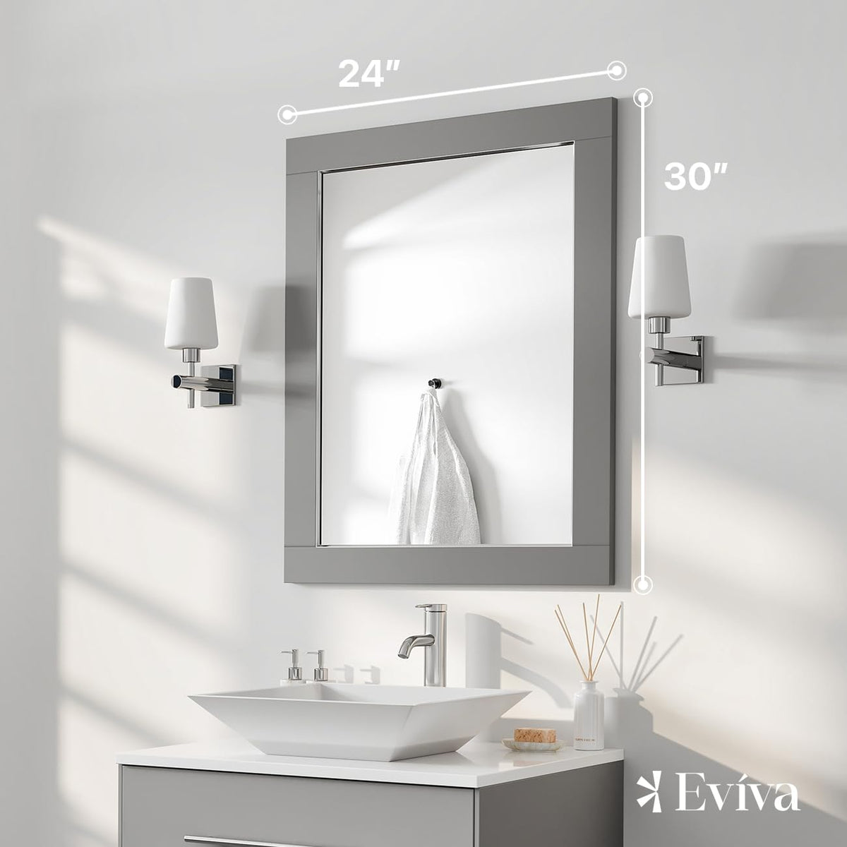 Gray Wood-Framed Bathroom Mirror