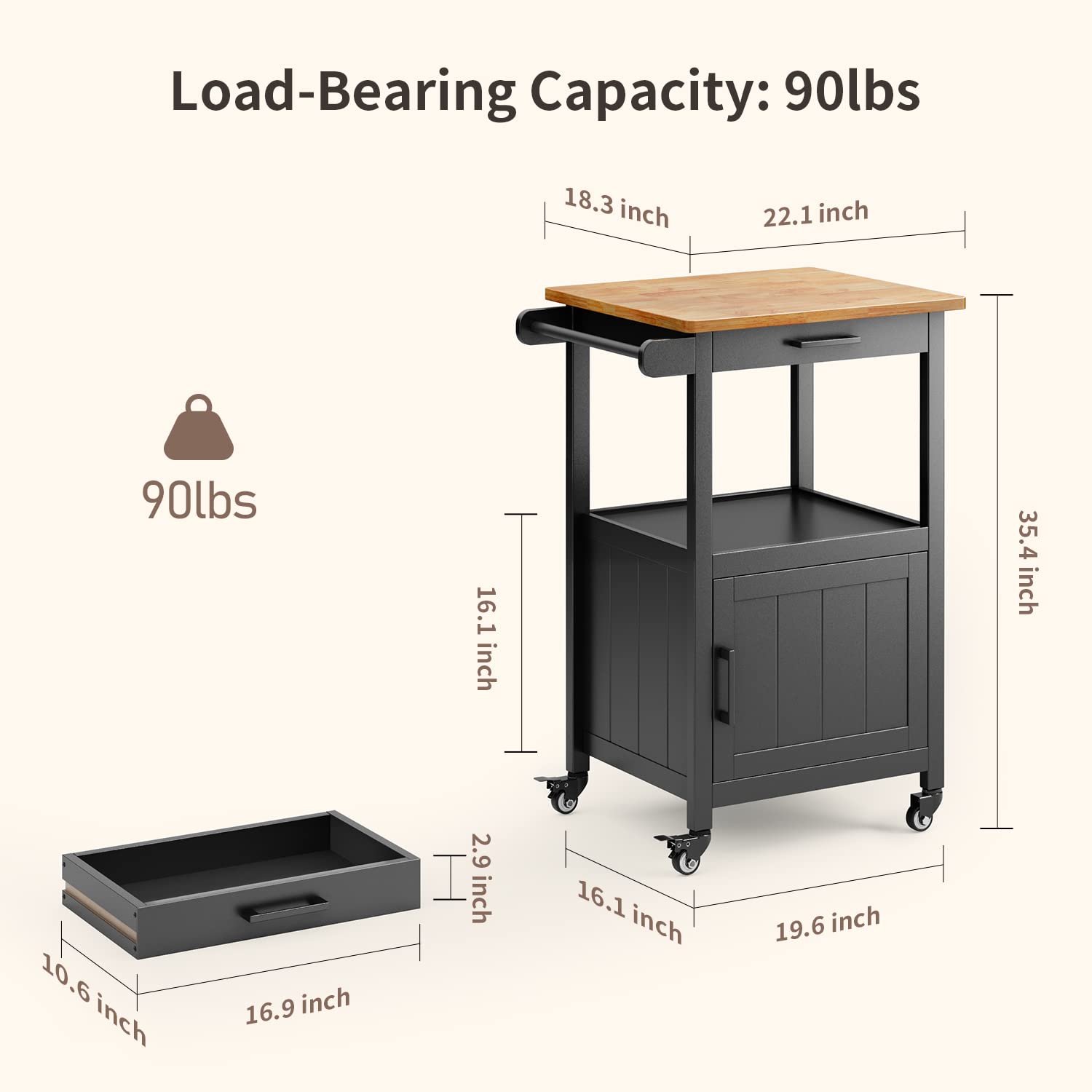 Qsun Kitchen Island on Wheels with Drawer, Storage Cabinet, Shelf and Side Hook, Rolling Kitchen Cart with Rubber Wood Countertop, Microwave Cart for Small Space, Black