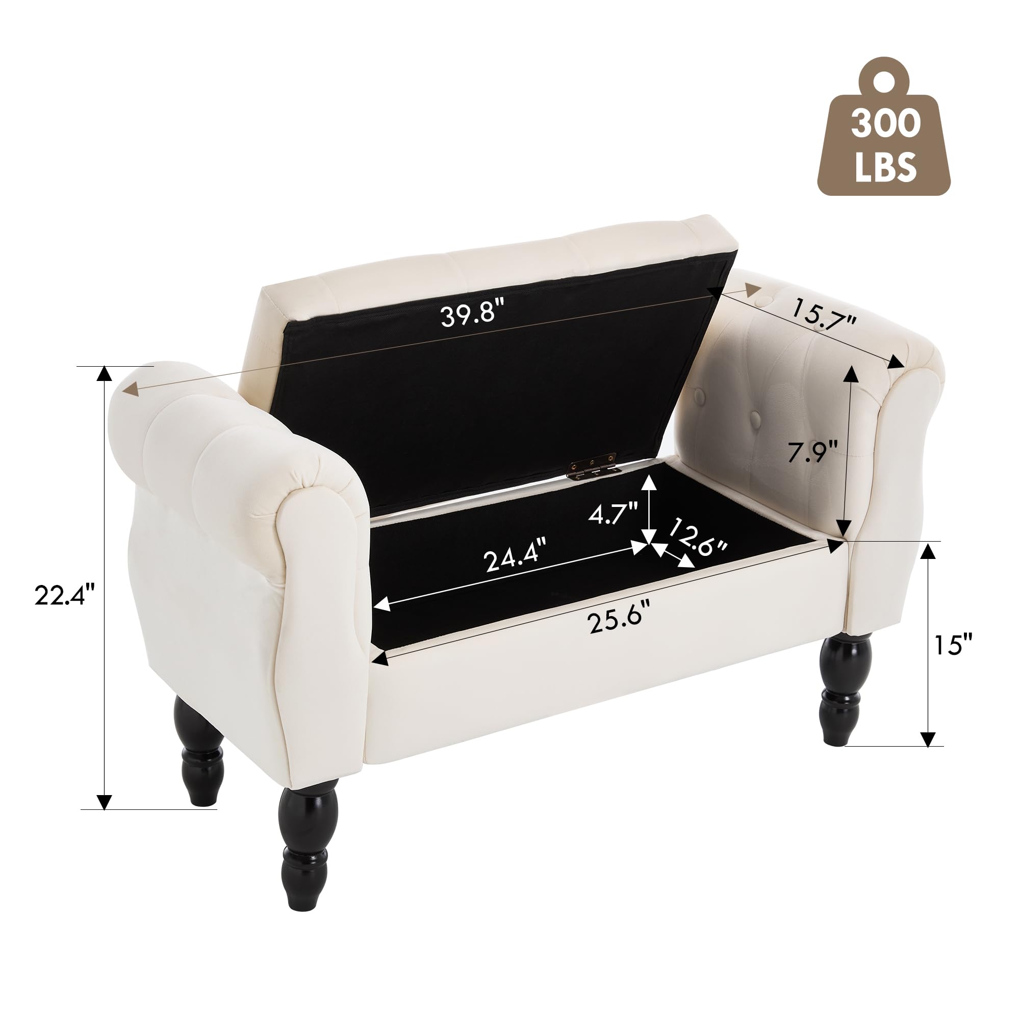 Chummaven Armed Storage Bench for End of Bed, Modern Velvet Ottoman Bedroom Bench with Wood Legs Upholstered Entryway Bench with Storage, Button Tufted Window Ottoman for Living Room, Reception, Cream