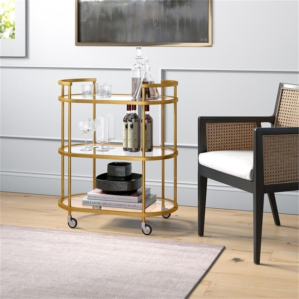 Oval Bar Cart with Tempered Glass Shelves