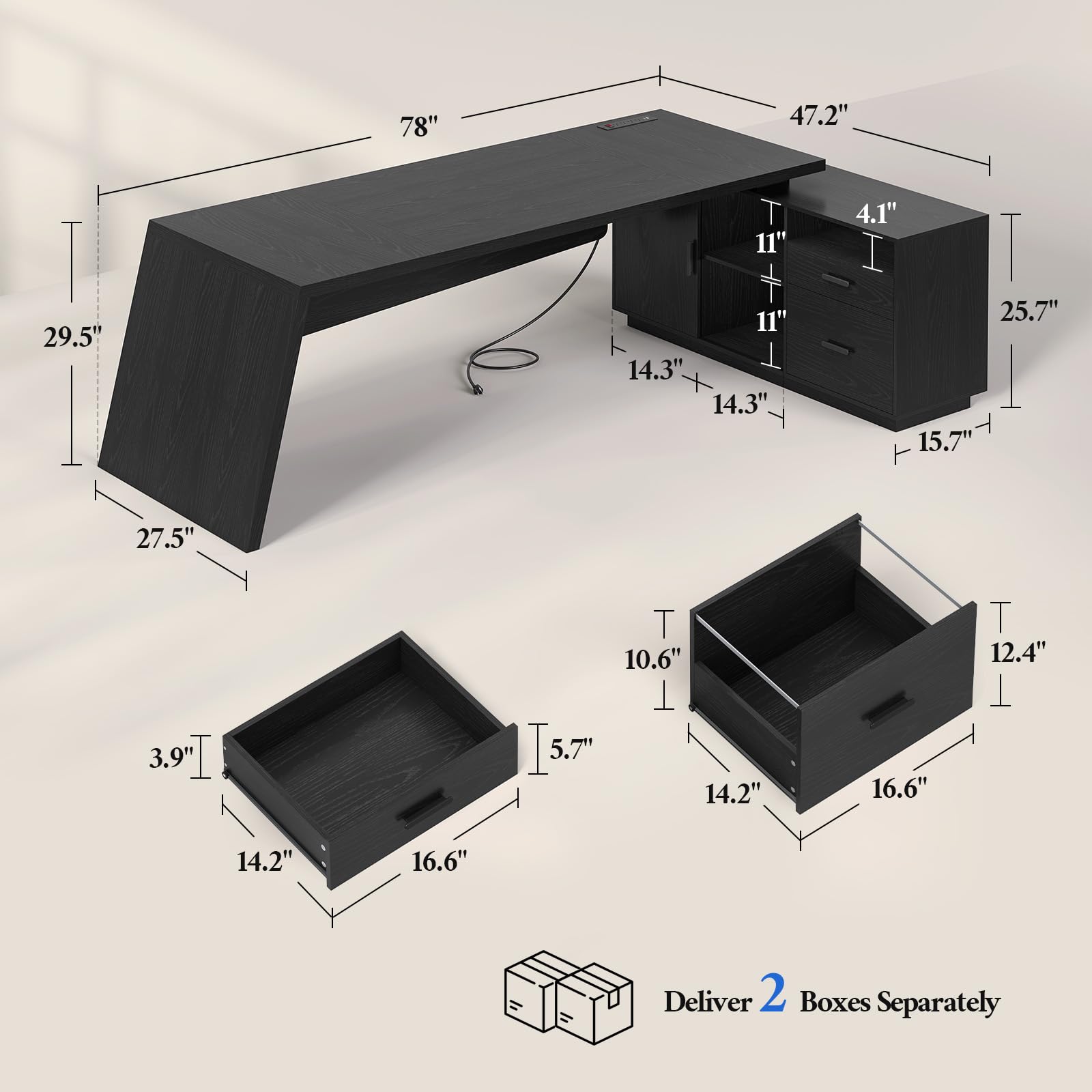 ANGRYWIN 78" L Shaped Executive Desk with Power Outlets, Large Storage Drawers & File Cabinet for Home Office, Modern Computer Desk with Shelves, Black Business Furniture