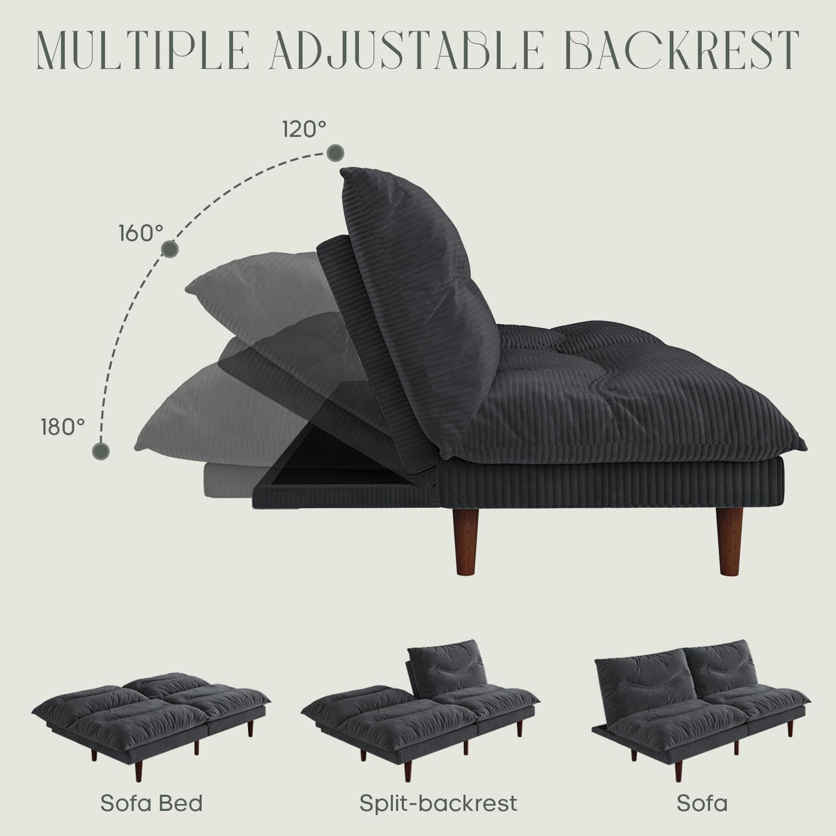 DreamDashio Futon Sofa Bed, 69 inch Futon Couch with Adjustable Backrest, Corduroy Convertible Sleeper Sofa Bed, Folding Sleeper Recliner for Apartment, Living Room, Office, Grey