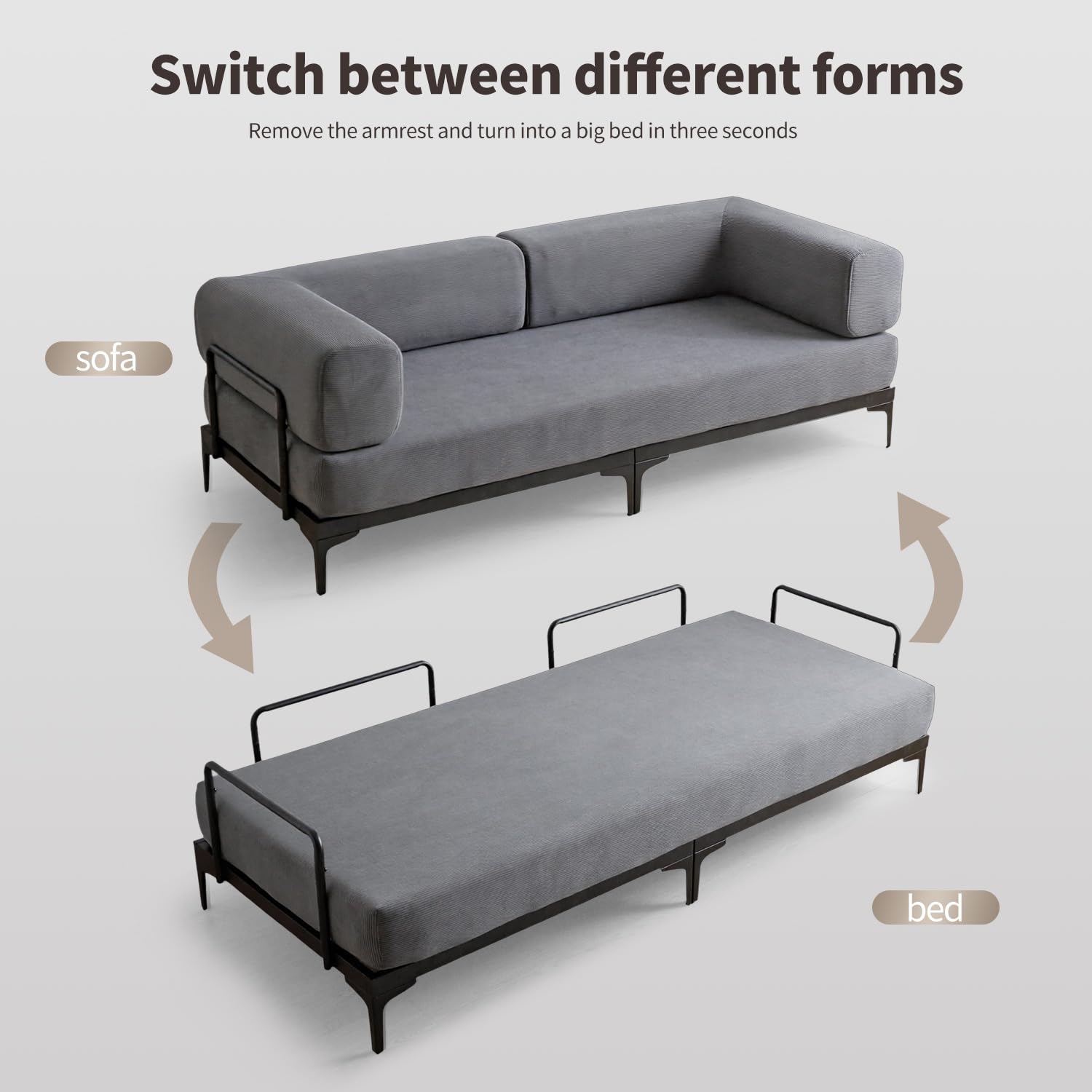Forteek Apartment-Friendly Convertible Loveseat Sofa Bed, Removable Armrest & Backrest 2-in-1 Sleeper Couch, Modern Corduroy Sofa for Small Living Room & Guest Room- Grey