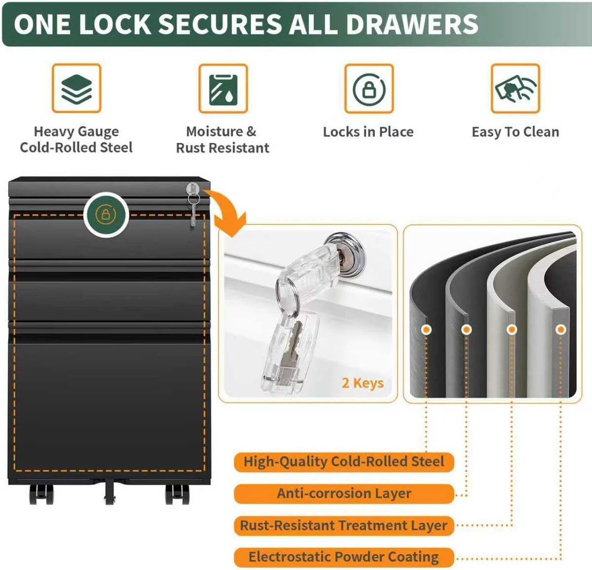 TEEALUBAN 3 Drawer File Cabinet with Lock, Black Metal, Under Desk