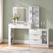 57“Makeup Vanity Desk with Mirror and Lights, Vanity Desk with 5 Drawers & RGB Cabinet Lighting, Vanity Table with Power Outlet, 3 Color Modes & Adjustable Brightness Dressing Table, Bedroom,White