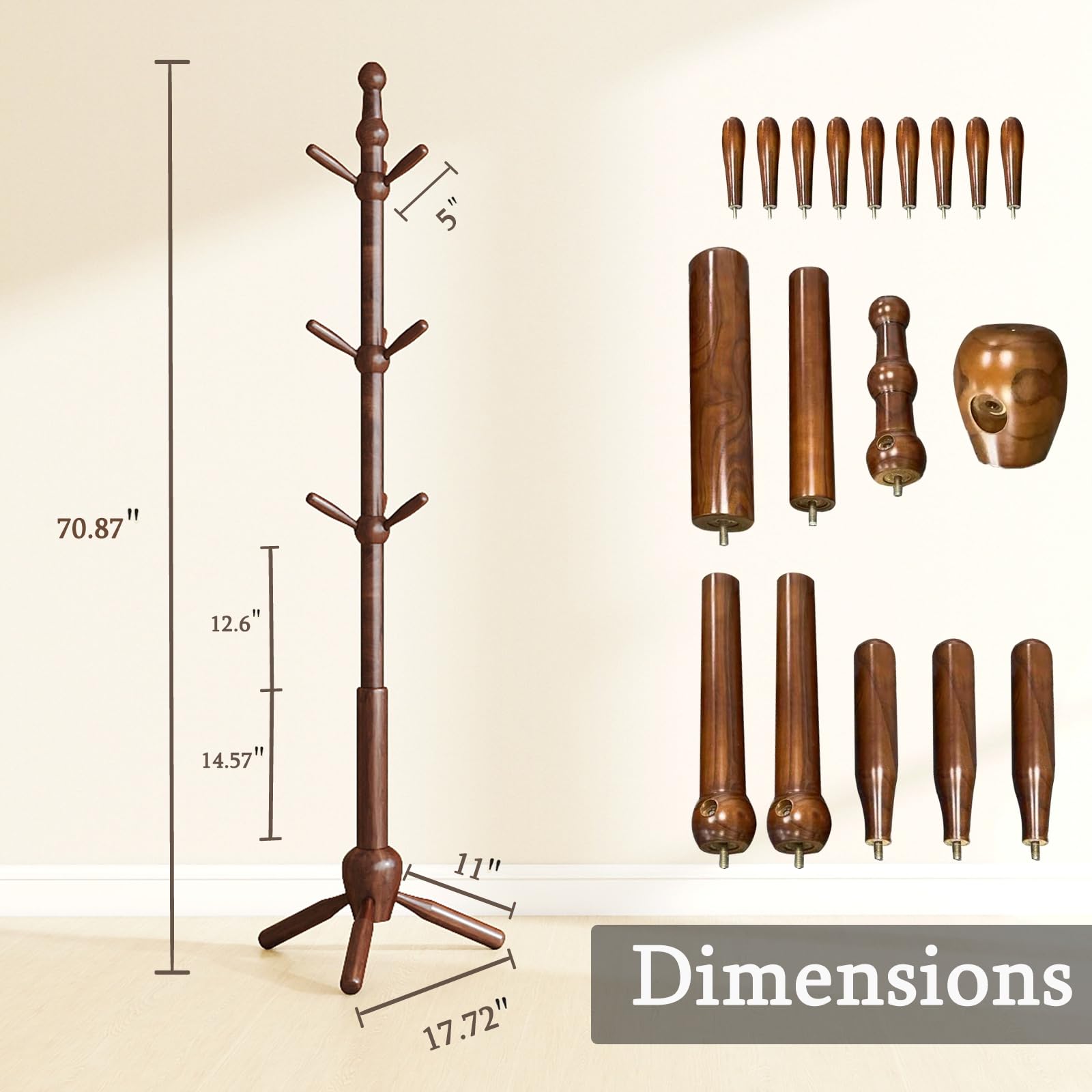 Solid Wood Coat Rack Stand with 9 Hooks