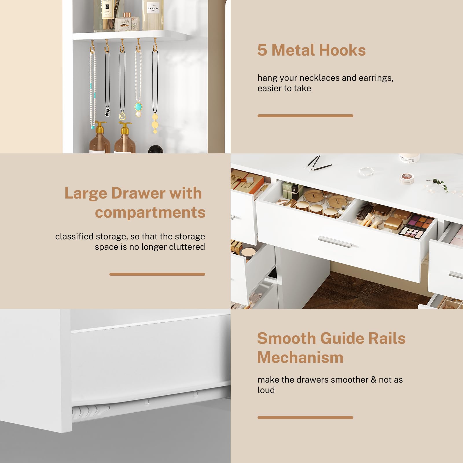 FIONESO Large Vanity Desk with LED Lighted Mirror & Power Outlet, Makeup Vanity Table with 7 Drawers,4 Shelves and 5 Hooks, White Vanity for Bedroom, Bathroom