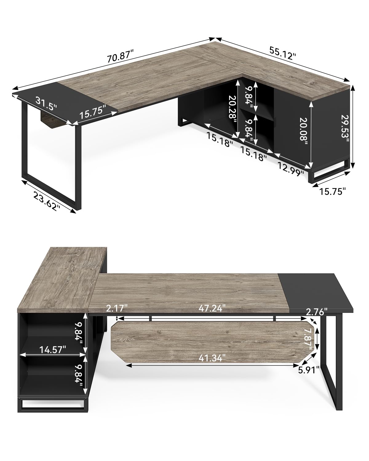 L-Shaped Executive Desk with File Cabinet, 70.8" – Grey & Black
