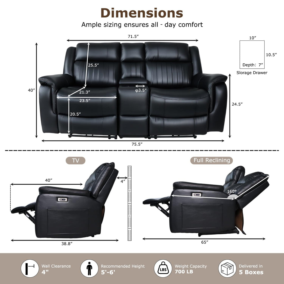 DEPSIS 75" Power Loveseat Recliner with Storage Console, Home Theater Seating with USB & Type C Ports and Cup Holders, Faux Leather 2 Seat Reclining Sofa Chair for Living Room, Gaming Room, Black
