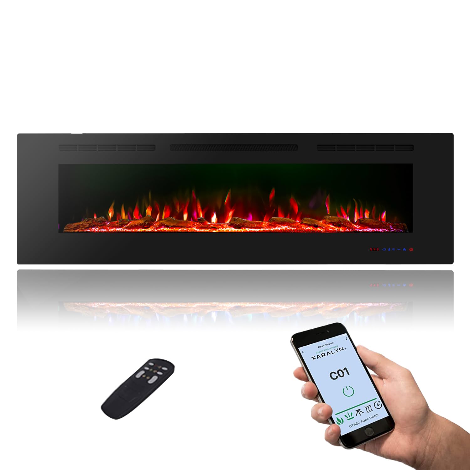 Masarflame 72 Inch WiFi Smart Electric Fireplace, Recessed and Wall Mount Fireplace Heater with 13 Flame &3 Top Light, Remote Control Fireplace with Timer &Thermostat, Black, Ventless, Work with Alex