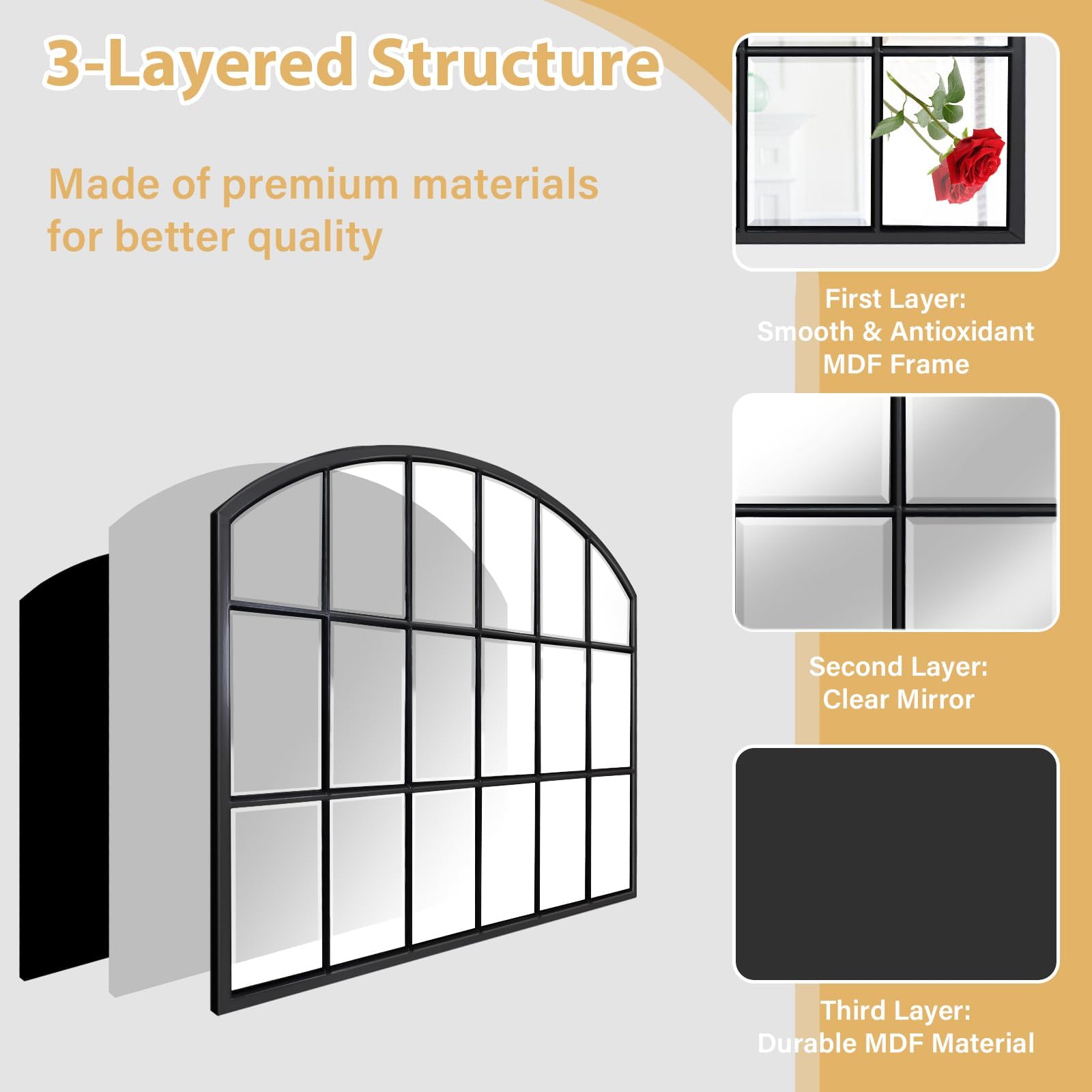 Arched Window Wall Mirror – Black Wood Frame, 44"x28"
