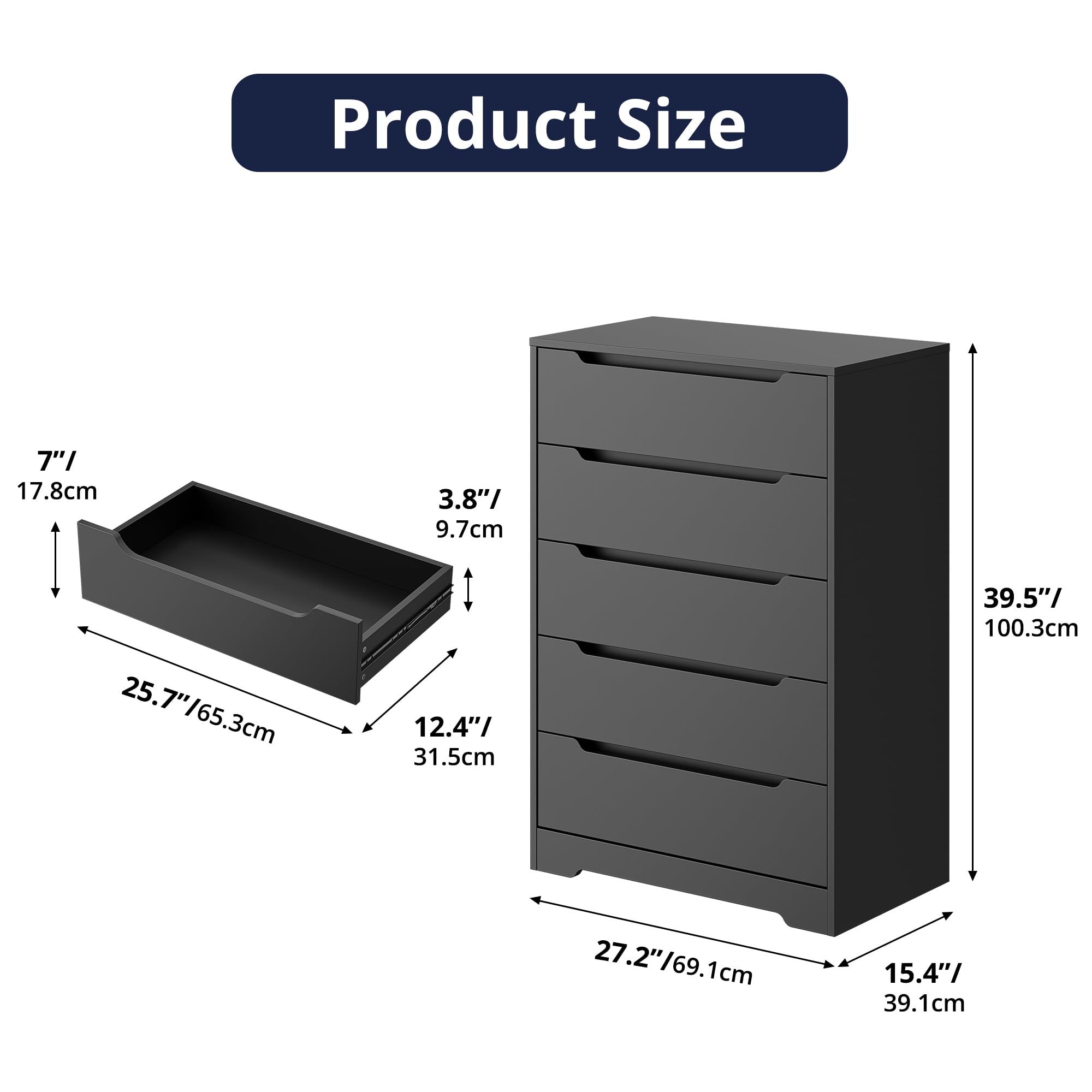 Cozy Castle 5 Drawer Dressers, Modern Chest of Drawers Large Organizer, Wood Accent Storage Cabinet for Living Room, Home Office, Entryway, Black