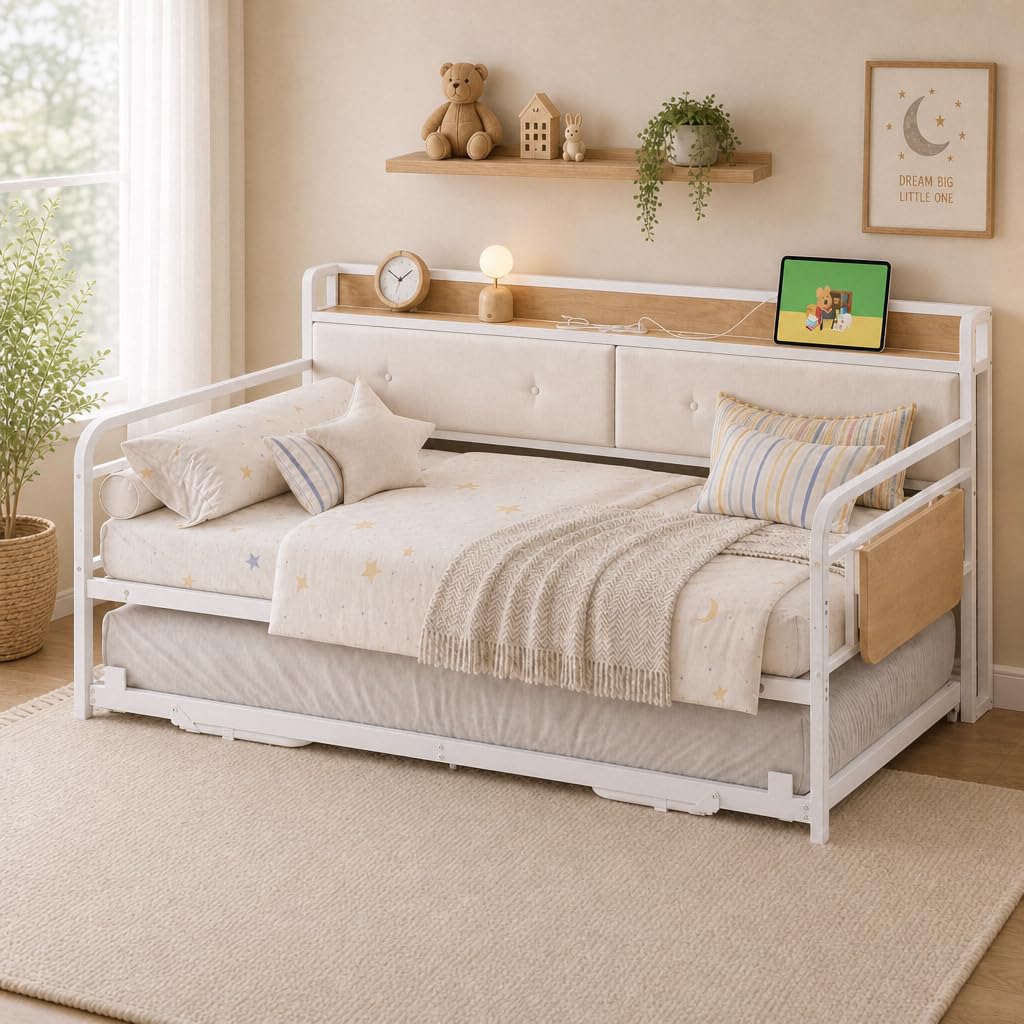 LIKIMIO Twin Daybed with Trundle, Twin Bed with Charging Station, White