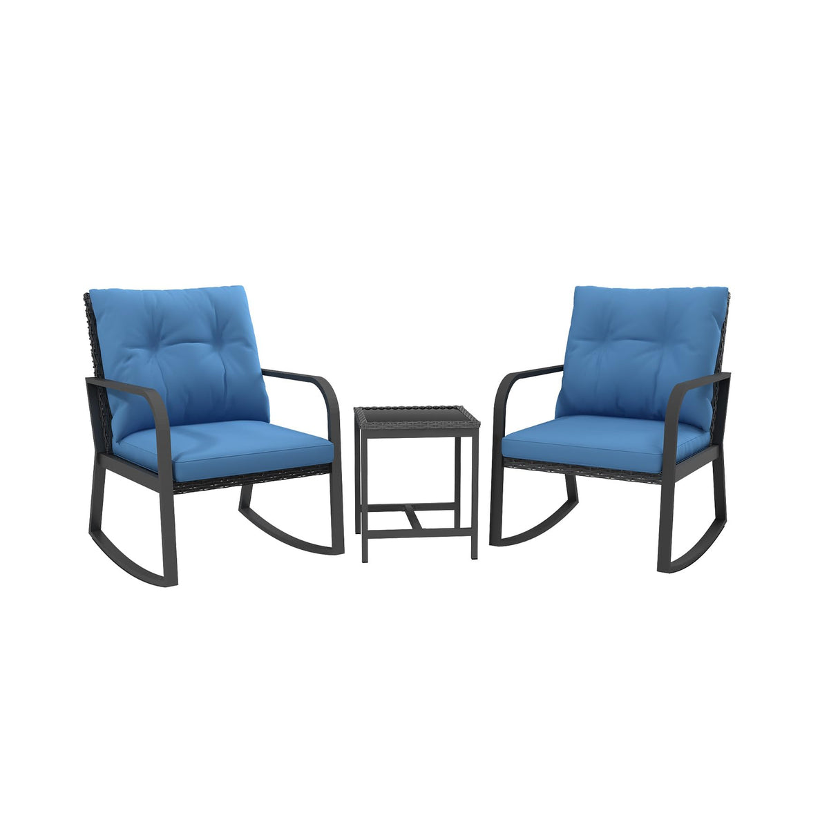 Temminkii Bistro 3 Piece Patio Furniture Set, Patio Table and Rattan Outdoor Rocking Chairs Set of 2, Outdoor Bistro Conversation Set for Garden, Balcony, Poolside, Backyard, Blue