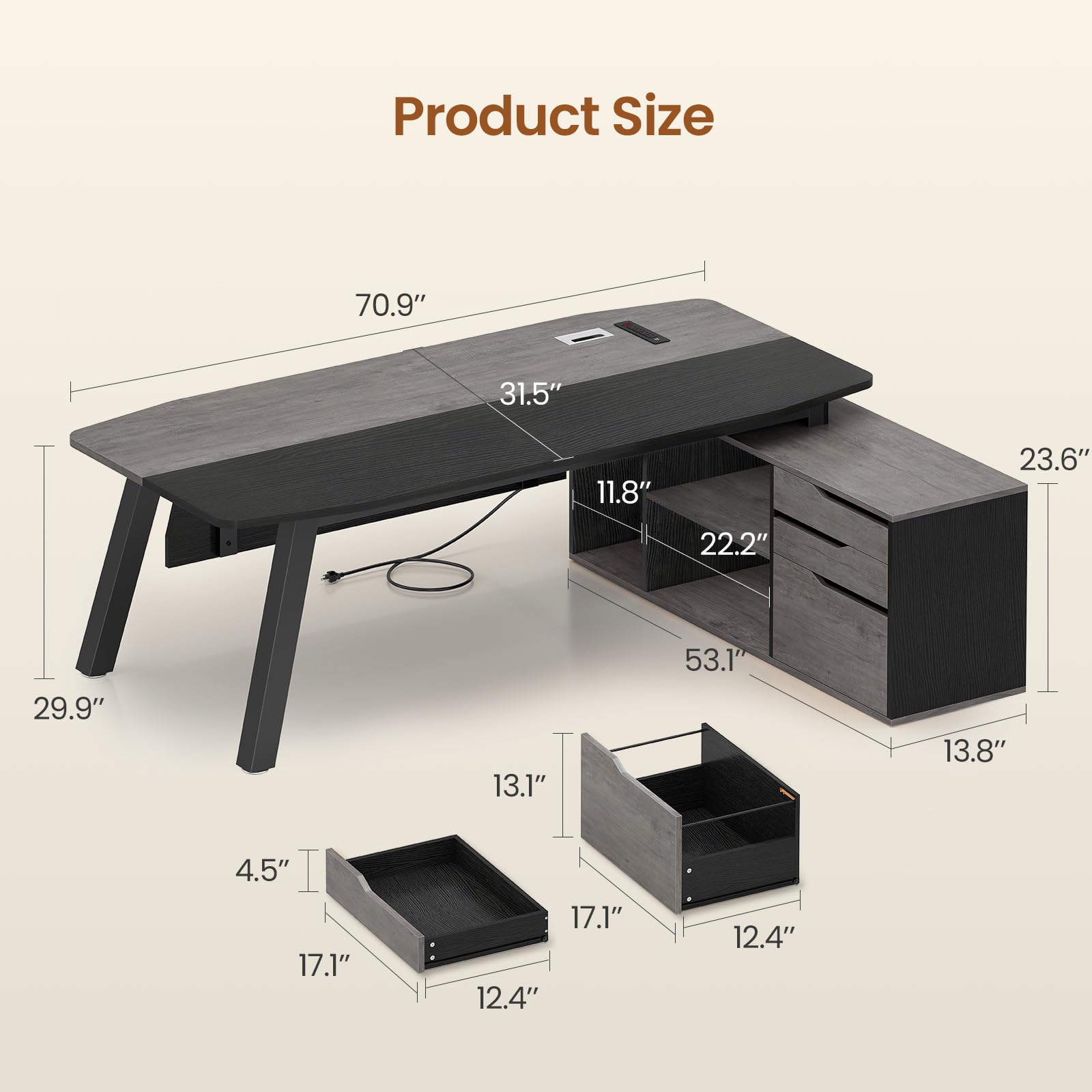 SEDETA 71" Executive Desk with File Cabinet, Large Office Desk with Drawers and Shelves, L Shaped Computer Desk with Power Outlets, Business Furniture Desk Workstation for Home Office, Gray