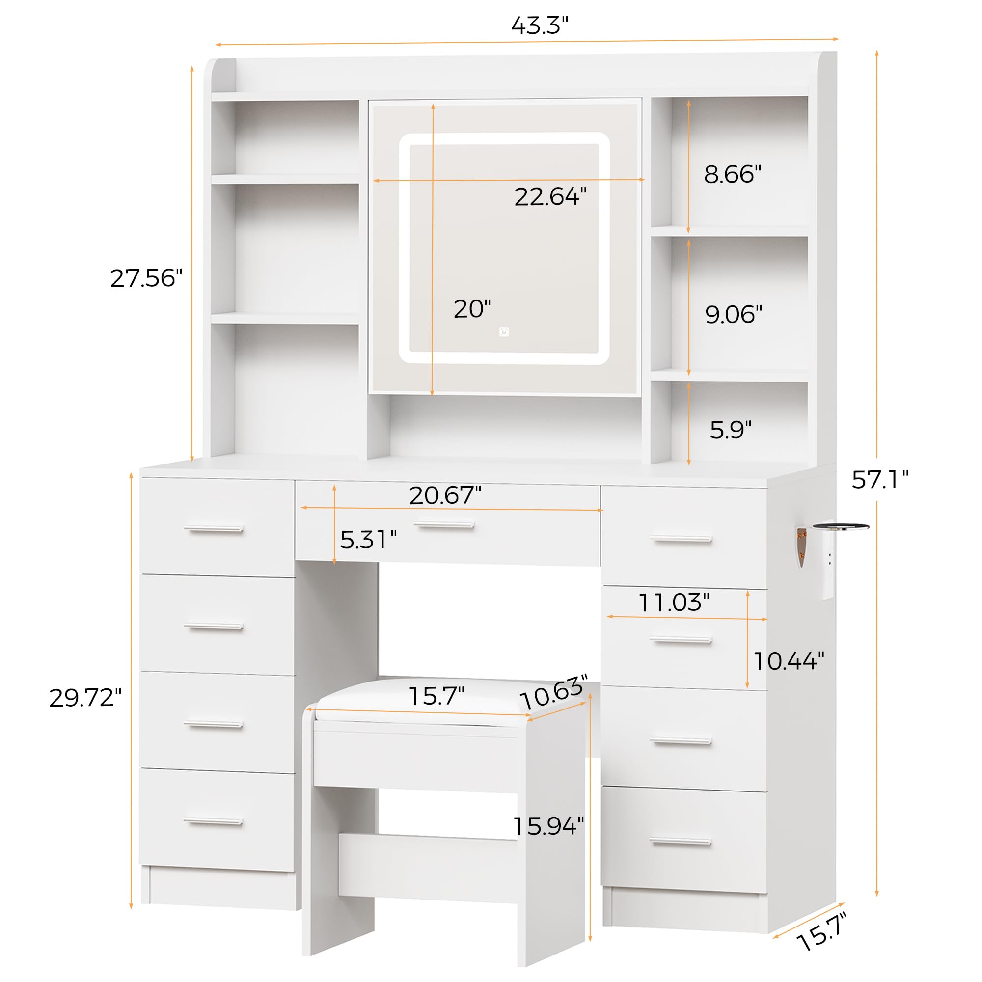 BEWISHOME Vanity Desk with Mirror and Lights, Makeup Vanity Table with Power Outlet,Stool Vanity Table with 9 Drawers 6 Storage Shelves Jewelry Storage,Dressing Table for Bedroom Girls White FST36W