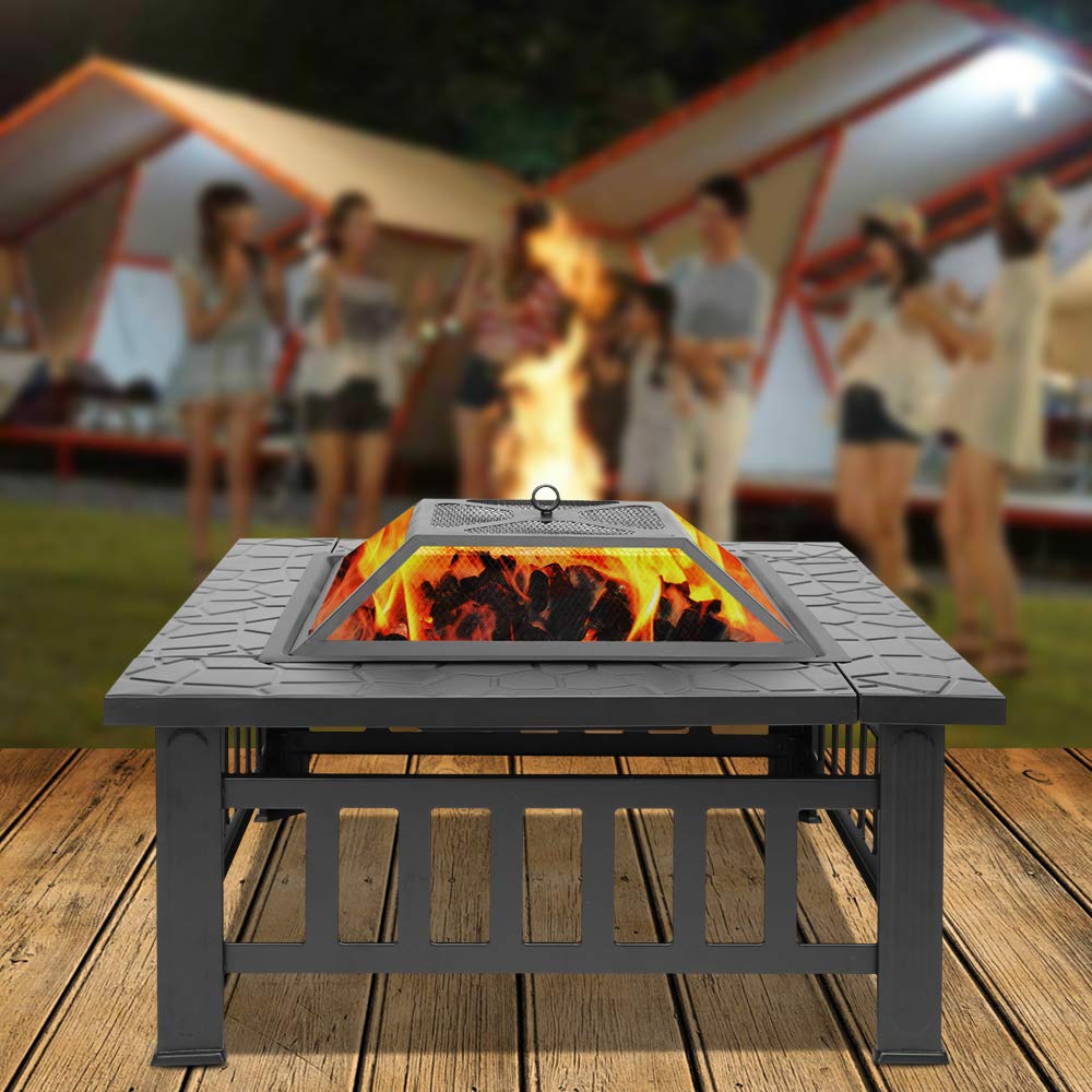 VINGLI 32in Wood Fire Pit with Mesh Lid and Fire Poker, Portable Outdoor Fireplace Burning FirePit for Chrismas Backyard Patio Outside Picnic BBQ Party (Square)