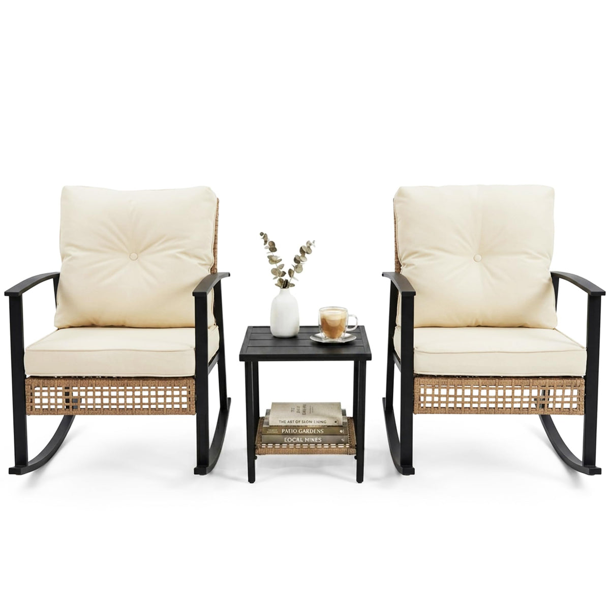 Yardgrace 3 Pieces Patio Furniture Set, Bistro Table and Chairs Set of 2, Outdoor Furniture Set with Thick Cushions and 2-Tier Coffee Table, Rocking Chair Outdoor for Backyard, Garden,Balcony, Beige