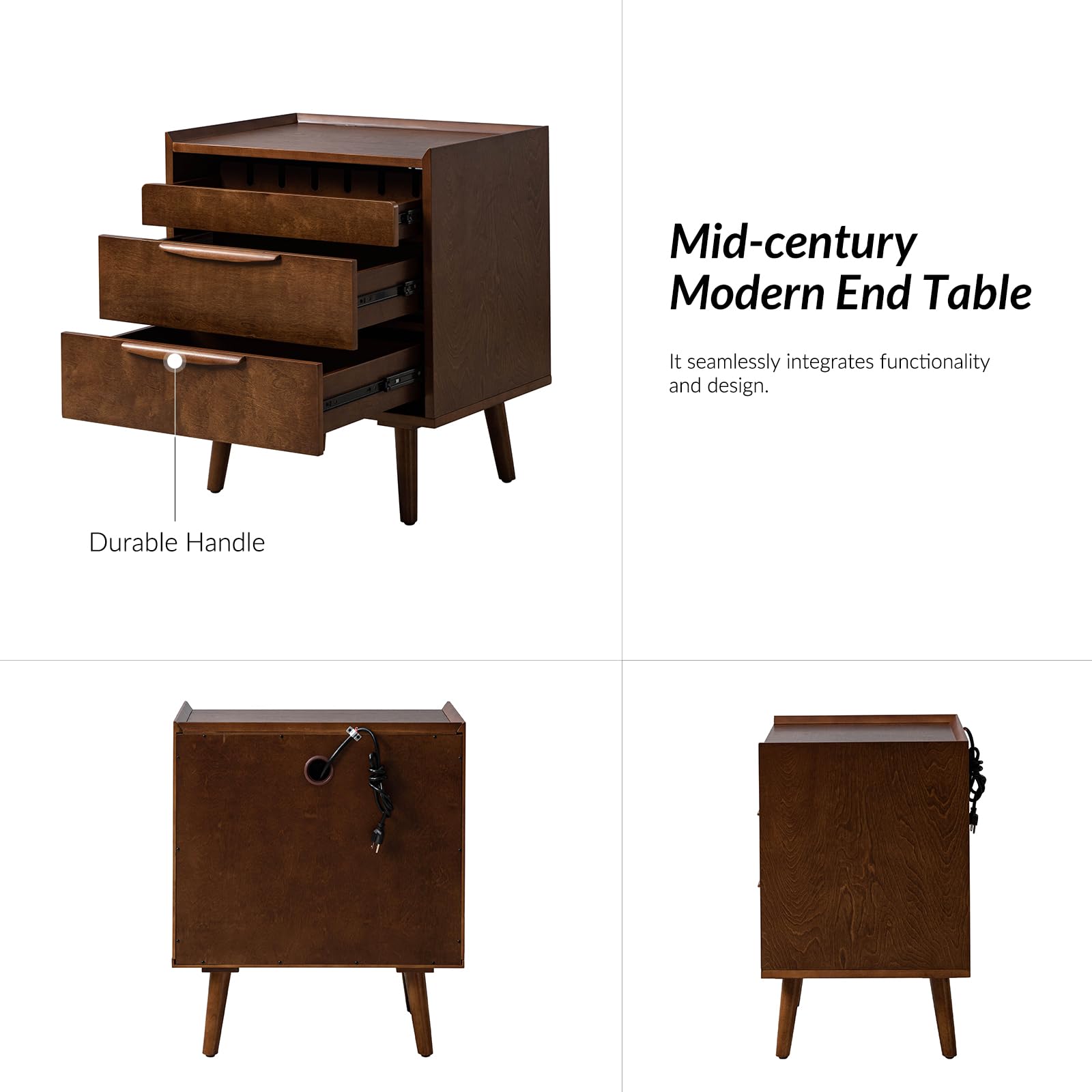 Mid-Century End Table with Charging Station & 3 Drawers