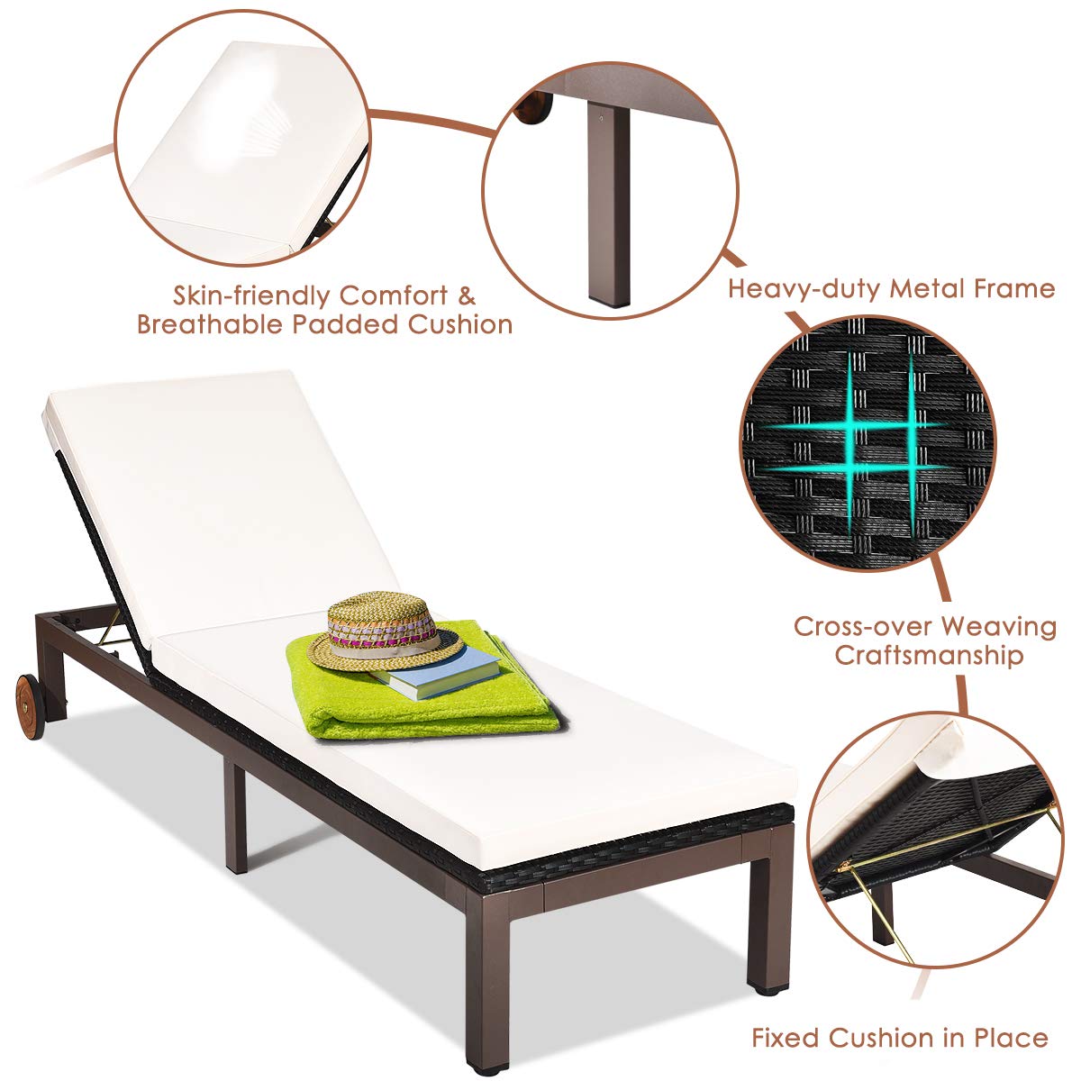 DORTALA Outdoor Pool Chaise Lounge Chair, Metal Rattan Lounger Recliner Chair W/Wheels, Folding Wicker Chaise Chair W/Cushioned Seating, White