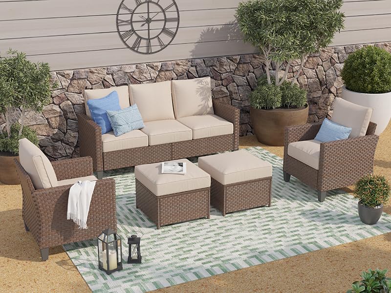 Outdoor Wicker Ottoman Set of 2 with Cushions