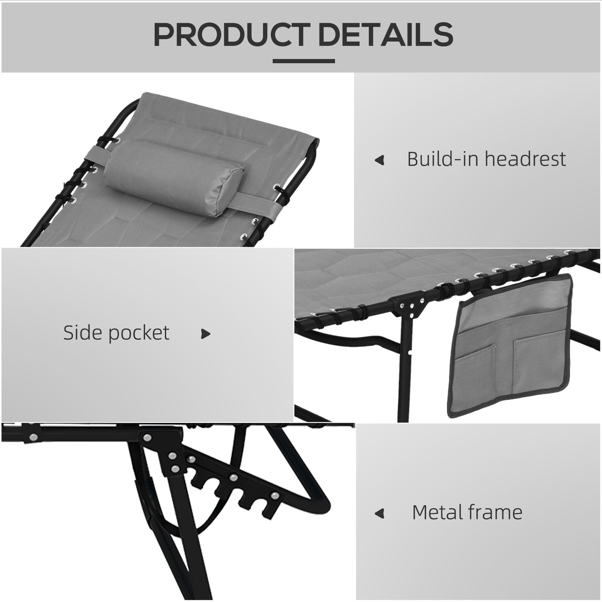 Folding Chaise Lounge Chair Set of 2, 5-Level Reclining with Headrest & Side Pocket