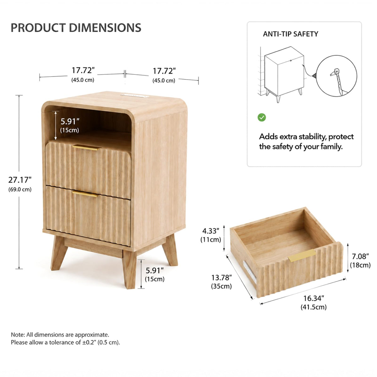 Fluted Nightstand with Charging Station