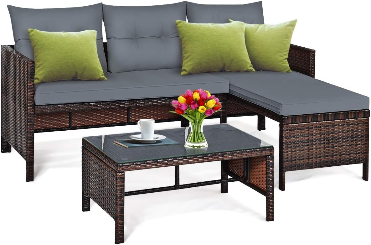 L-Shaped Outdoor Sectional Sofa Set, 3-Piece PE Rattan Patio Furniture with Coffee Table