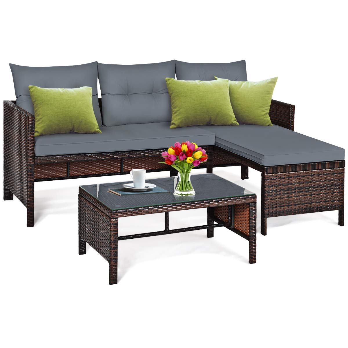 L-Shaped Outdoor Sectional Sofa Set, 3-Piece PE Rattan Patio Furniture with Coffee Table
