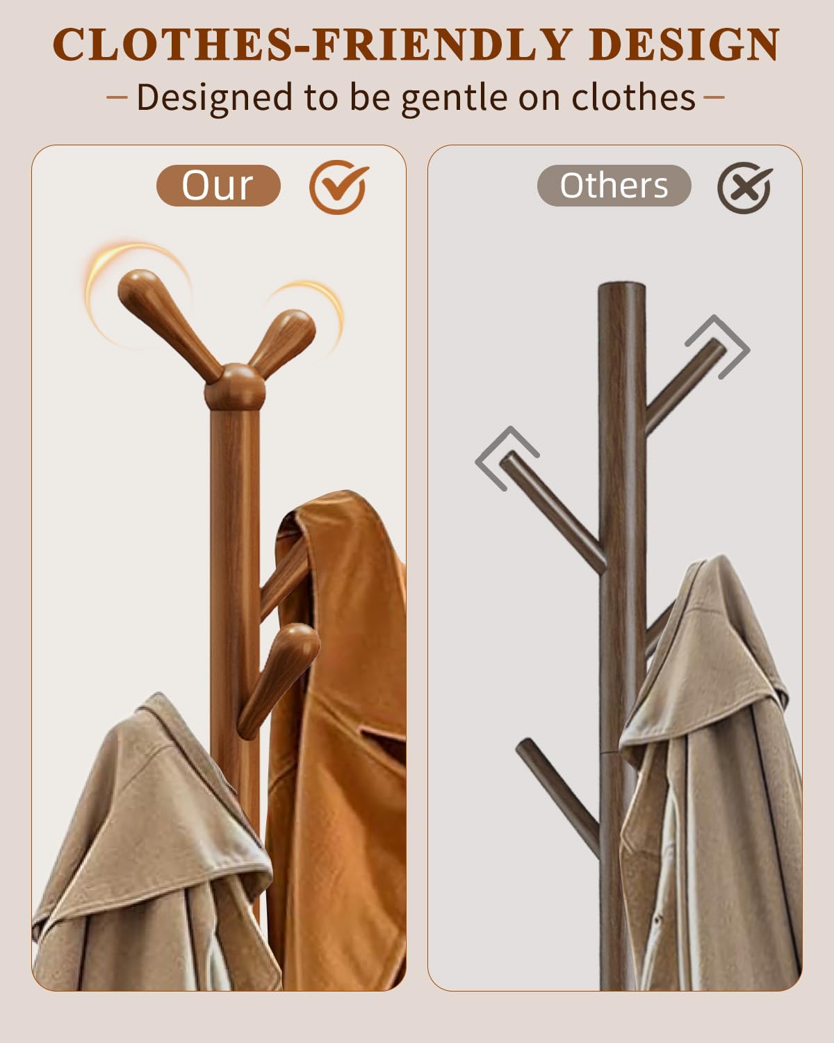 Freestanding Coat Rack with 8 Hooks, Adjustable Height