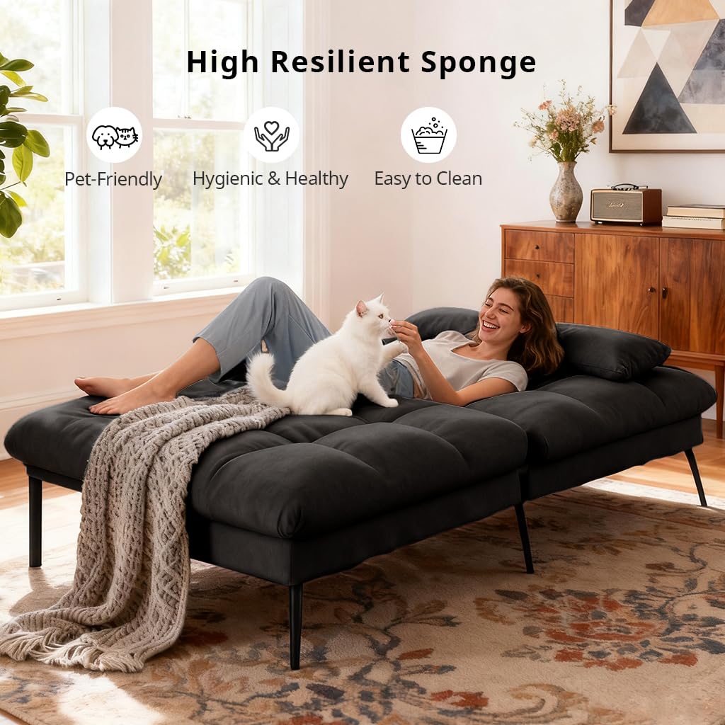 COMHOMA 72″ Convertible Futon Sofa Bed, Adjustable Backrest, Black