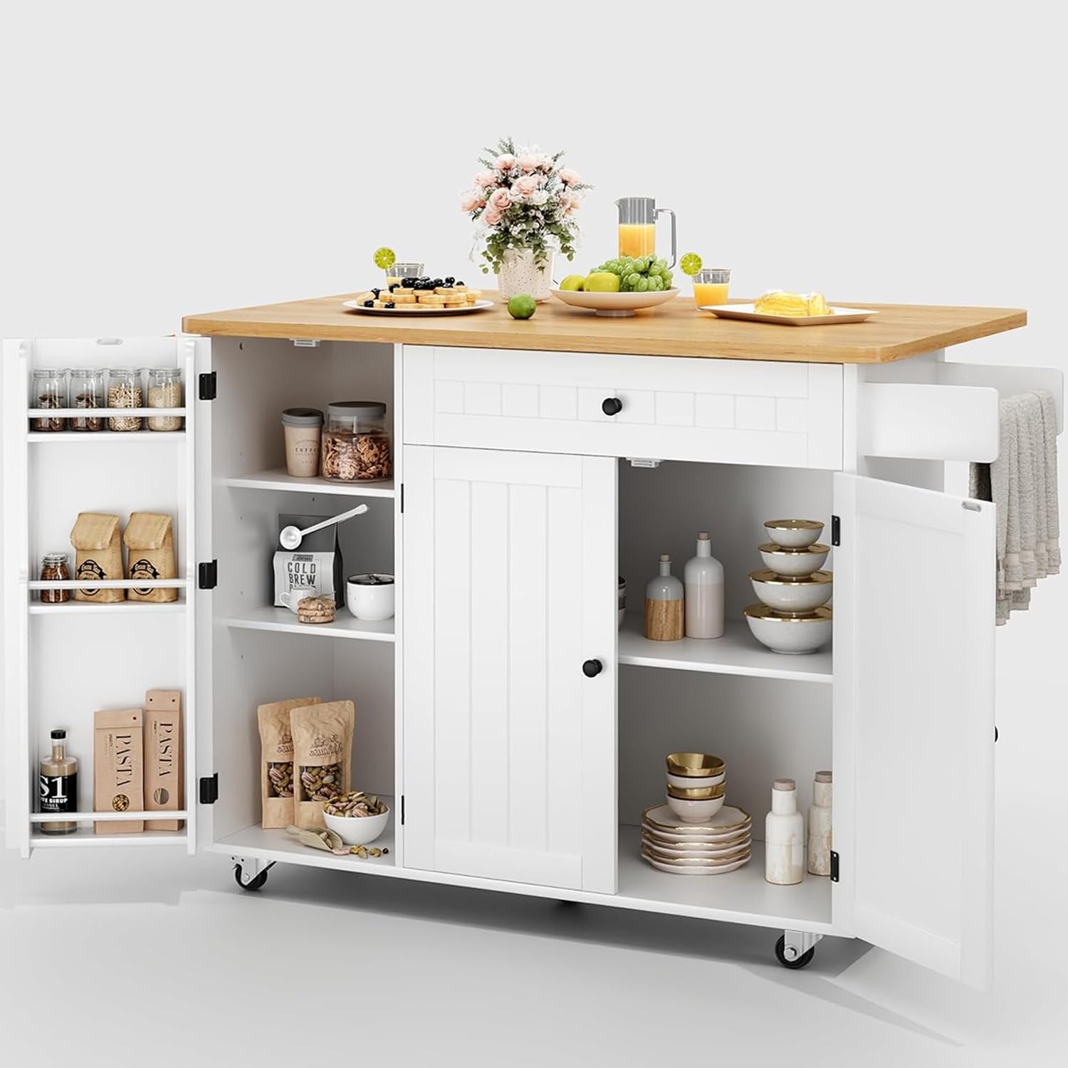 Rolling Kitchen Island with Drop Leaf & Storage