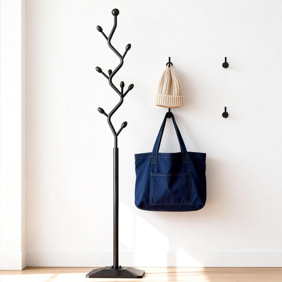BUZUEY Coat Rack Freestanding Metal Tree Coat Rack Stand with Hooks, Modern Standing Hat Rack for Entryway Hallway Bedroom Office (black)