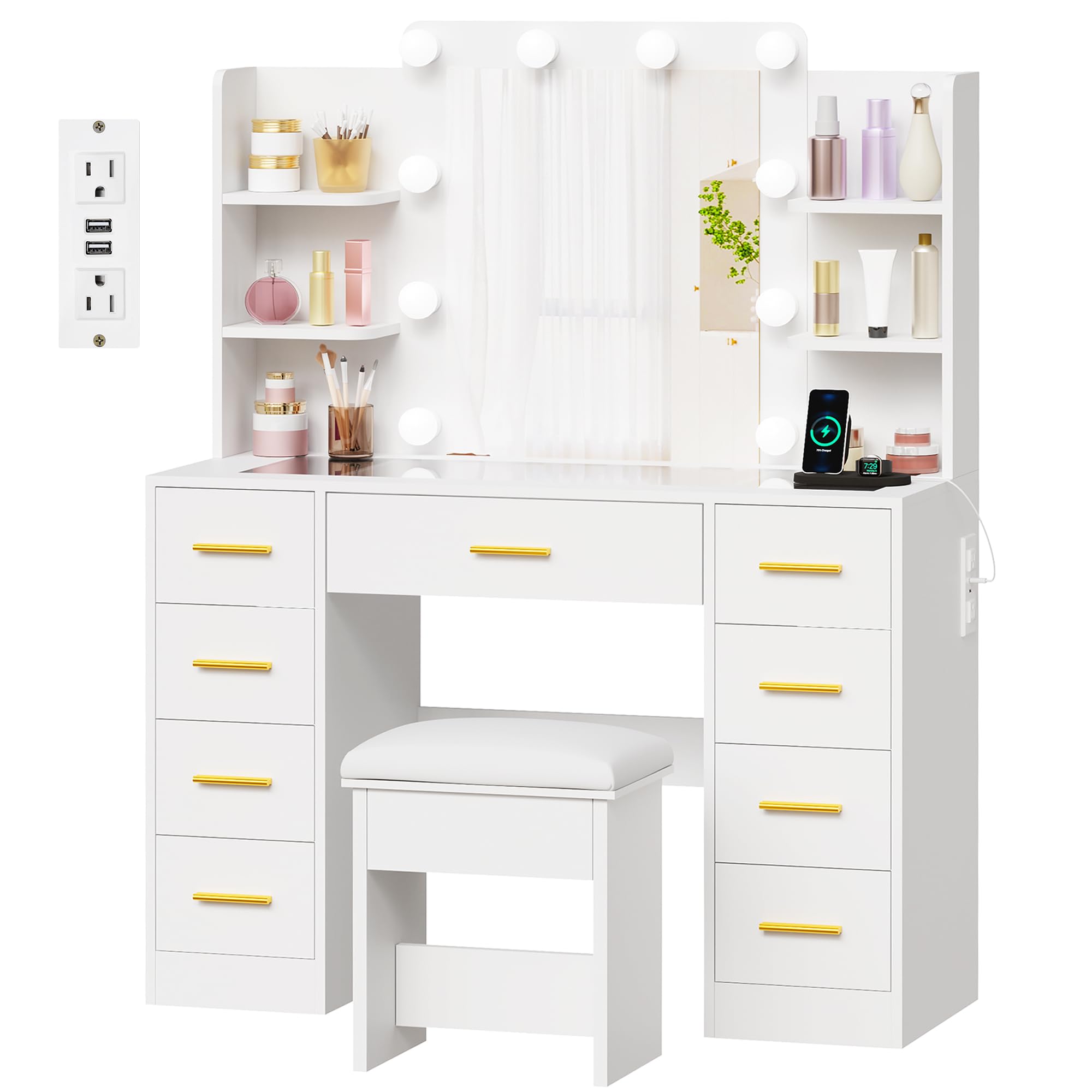Vanity Desk with Mirror, Lights & Stool