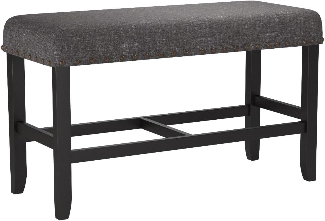 Roundhill Furniture Biony Fabric Counter Height Dining Bench with Nailhead Trim, Grey