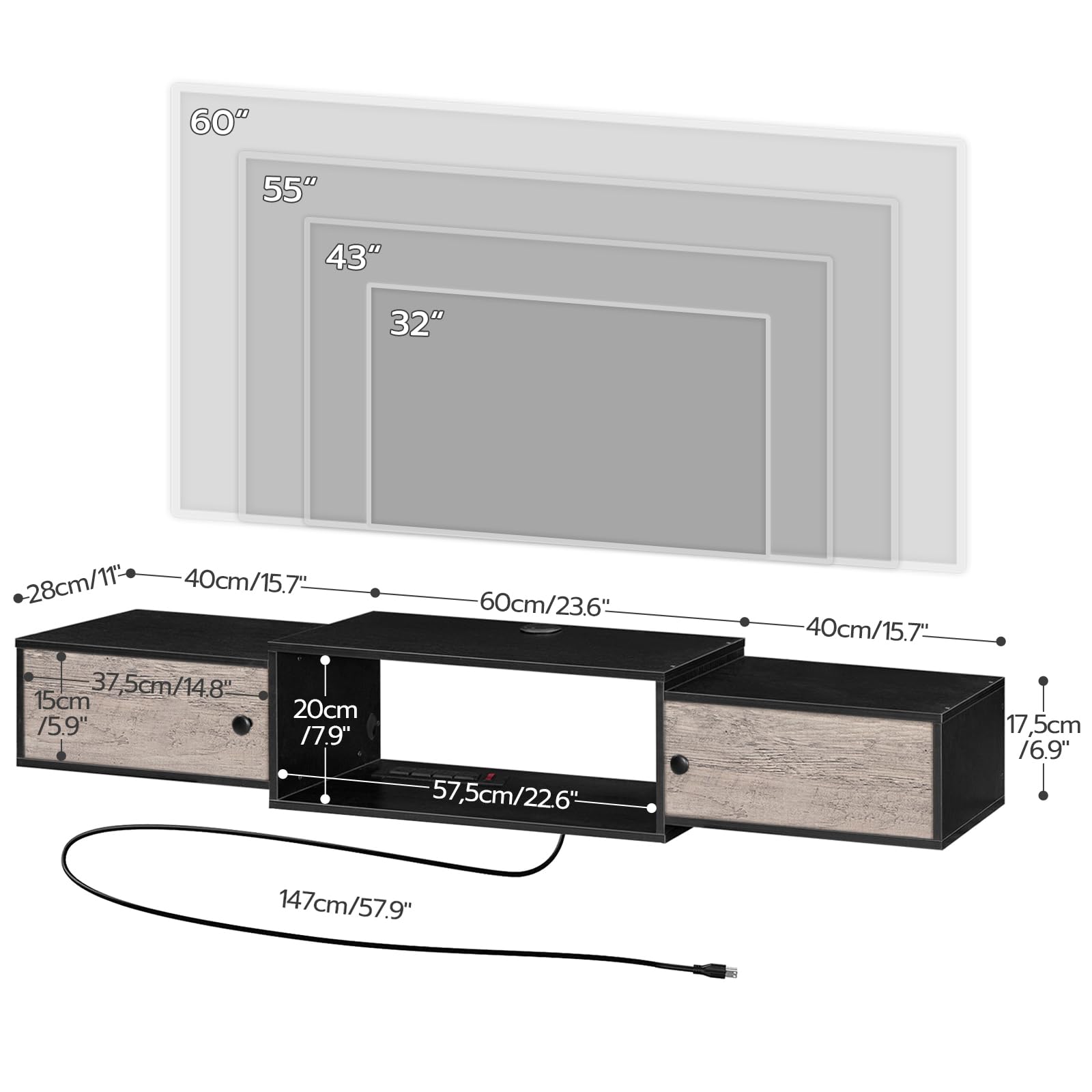 HOOBRO 55" Floating TV Stand with Power Outlets, Modern Wall Mounted Media Console Shelf with Doors, Entertainment Center for Under TV Storage, for Living Room, Bedroom, Greige and Black BG11UDS01