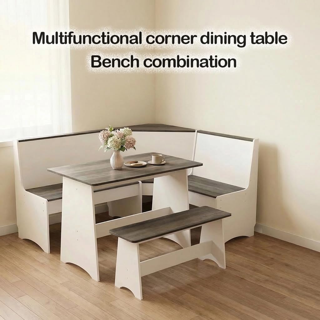THE CARY C Farmhouse Breakfast Nook Table Set, Dining Nook Set with Corner Bench,with Storage Function Mid Century Modern Small Dining Table Set, Kitchen Table Corner Set (Gray + White)