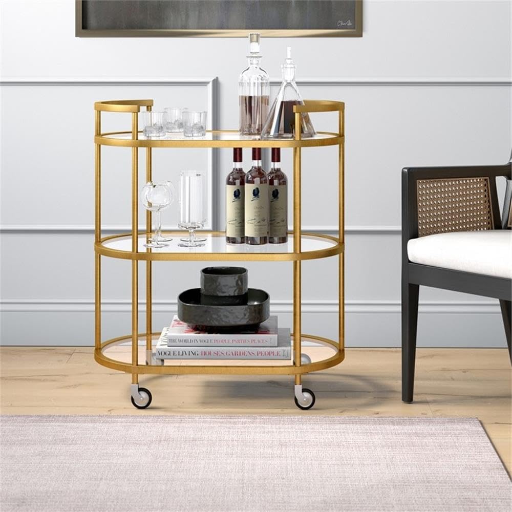 Oval Bar Cart with Tempered Glass Shelves
