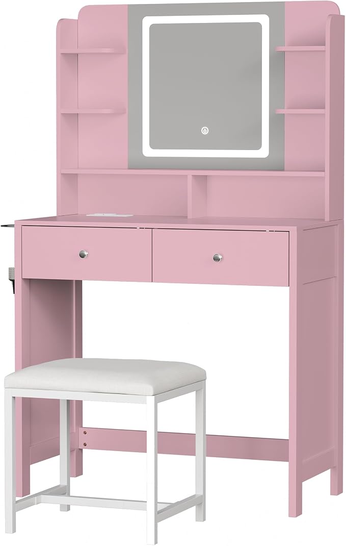 Makeup Vanity with LED Mirror and Stool