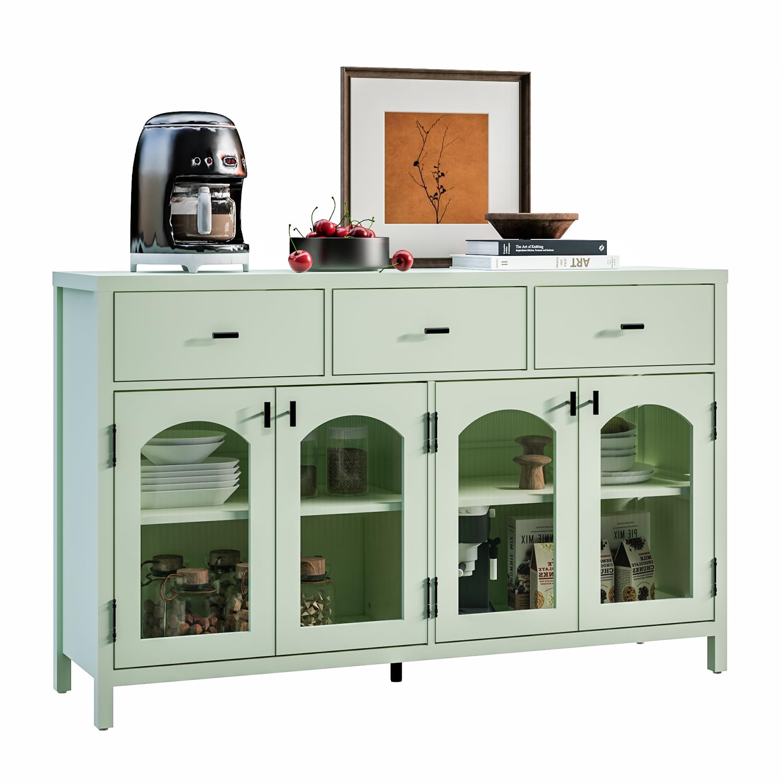 Chyanmoo 54.4" Sideboard Buffet Cabinet with Storage, Farmhouse Credenza with 3 Drawers & 4 Arched Fluted Glass Doors, Kitchen Coffee Bar for Dining Room, Living Room (Green)