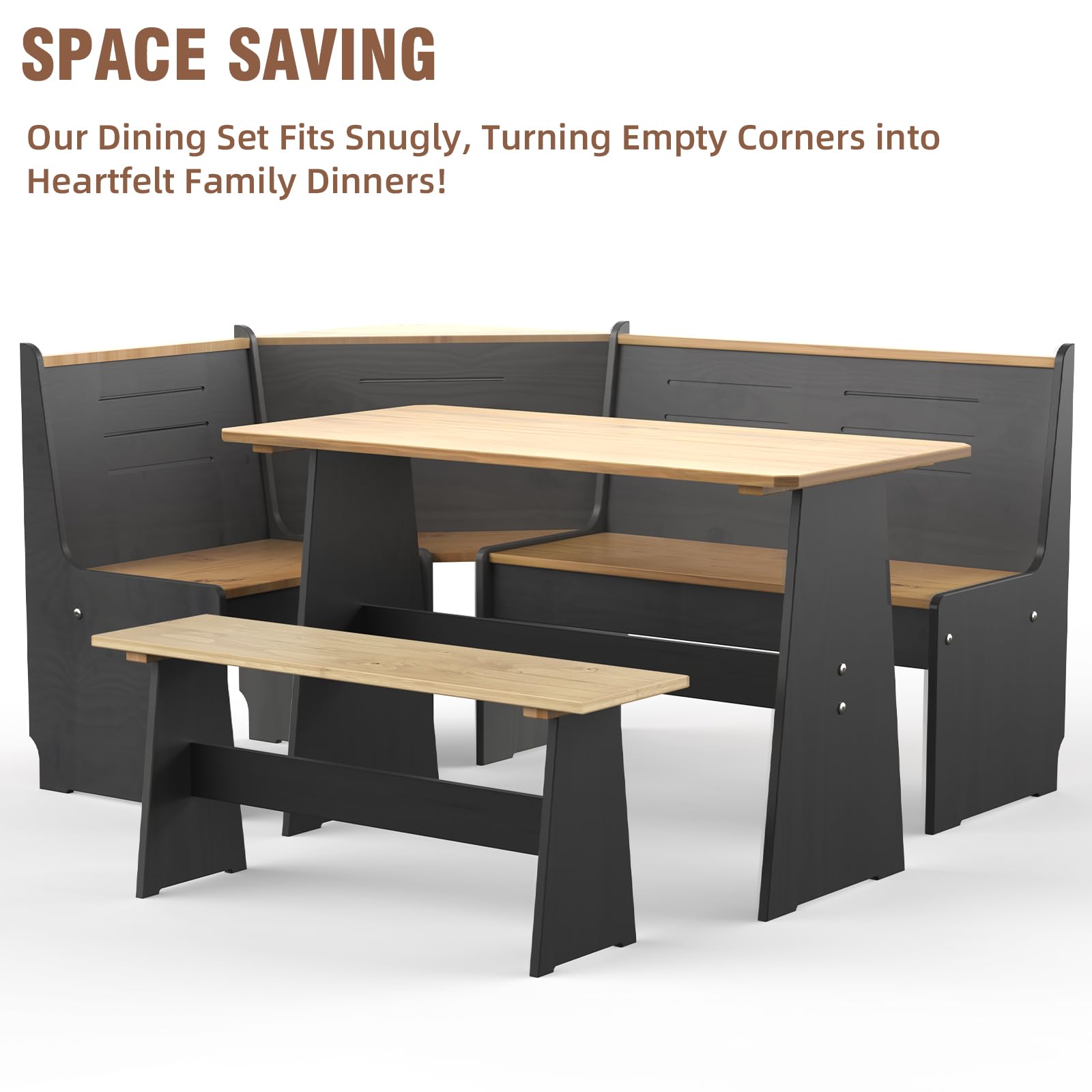 Gracava Breakfast Nook Table Set - L Shaped Corner Solid Wood Kitchen Dining Table with Bench Space Saving Seats 4-6 for Apartment 丨 Black