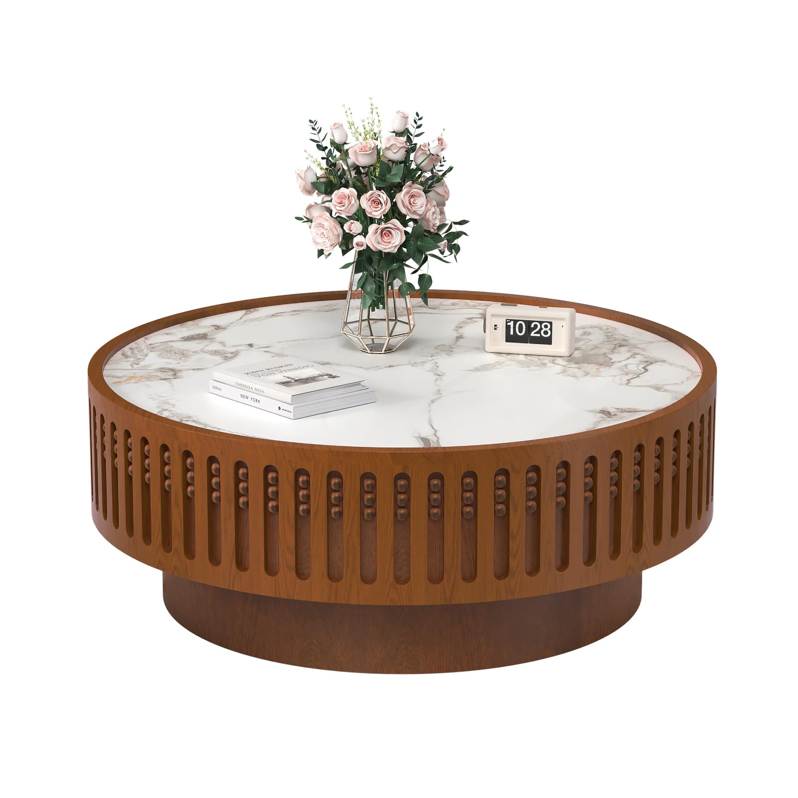 JHKZUDG 35.4" Round Coffee Table with Sintered Stone Tabletop, Wooden Fluted Coffees Table, Circle Accent Center Table for Living Room Apartment Office Small Space (35.4" Coffee Table)