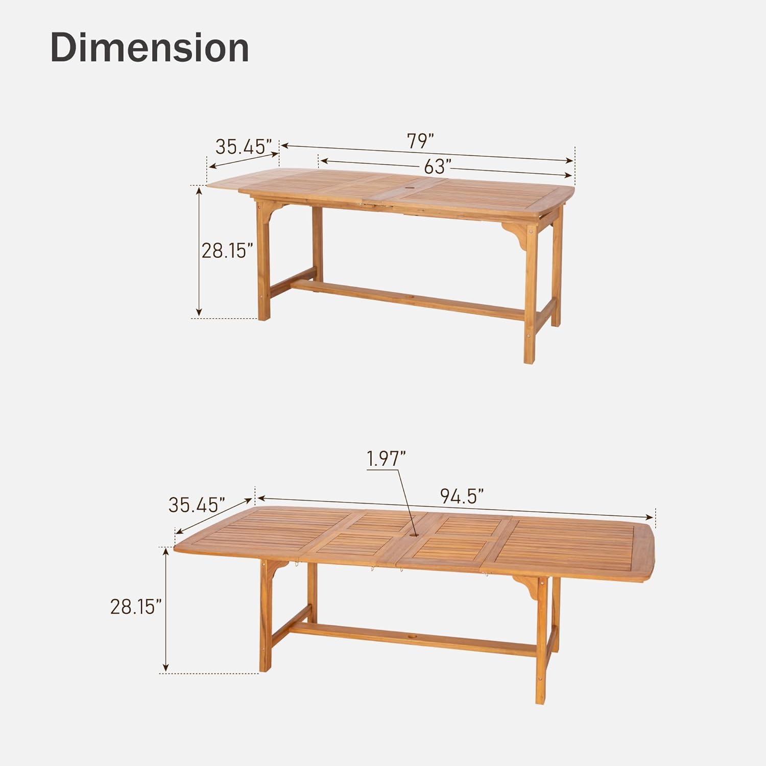 PHI VILLA Outdoor Acacia Wood Dining Table for 6-8, Large Extendable Rectangular Teak Table with Umbrella Hole, Farmhouse Outside Furniture for Patio, Deck, Porch, Yard