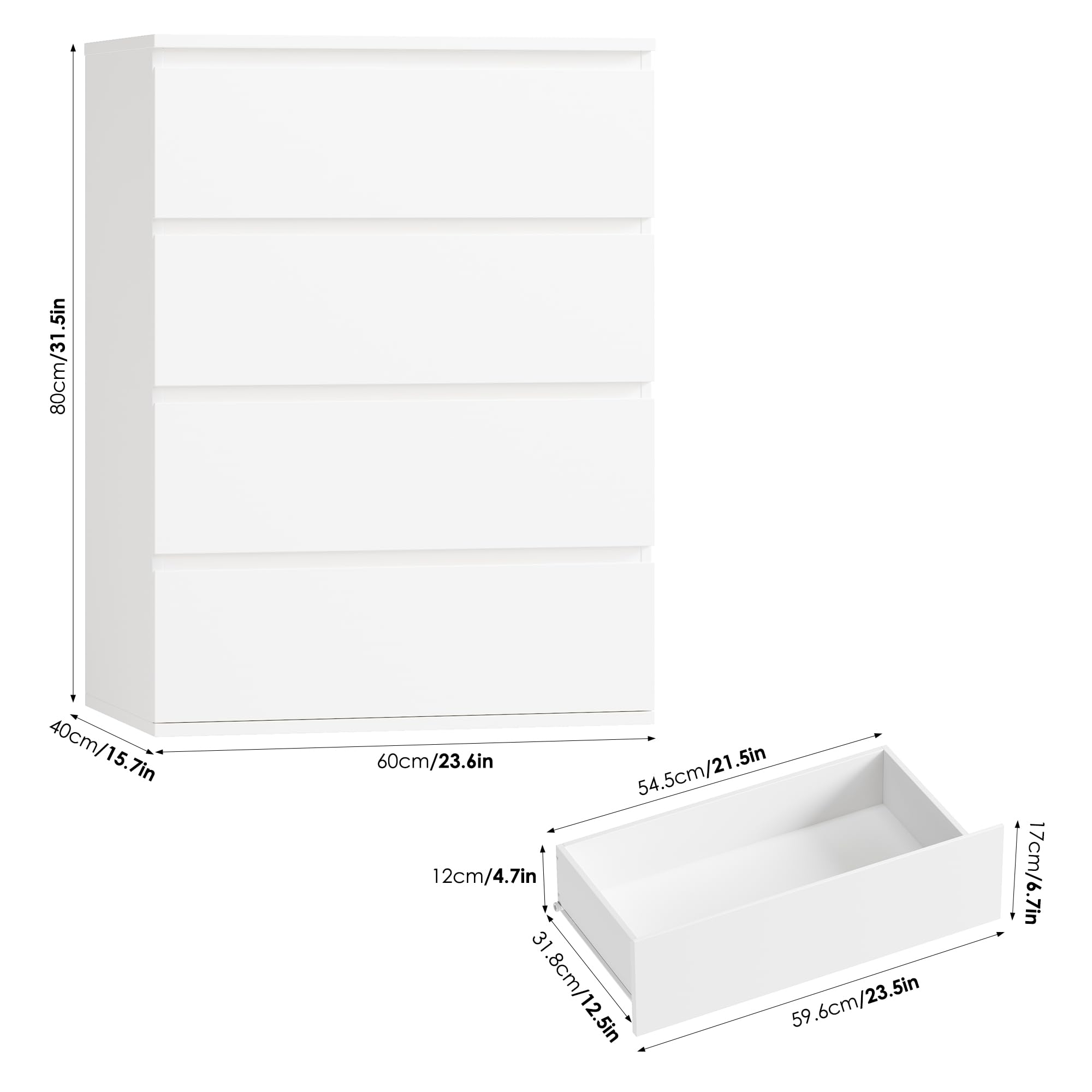FOTOSOK White Dresser, 4 Drawer Dresser Small Chest of Drawers 23.6L x 15.7W x 31.5H in, Modern White Storage Cabinet with 4 Drawers for Home Office