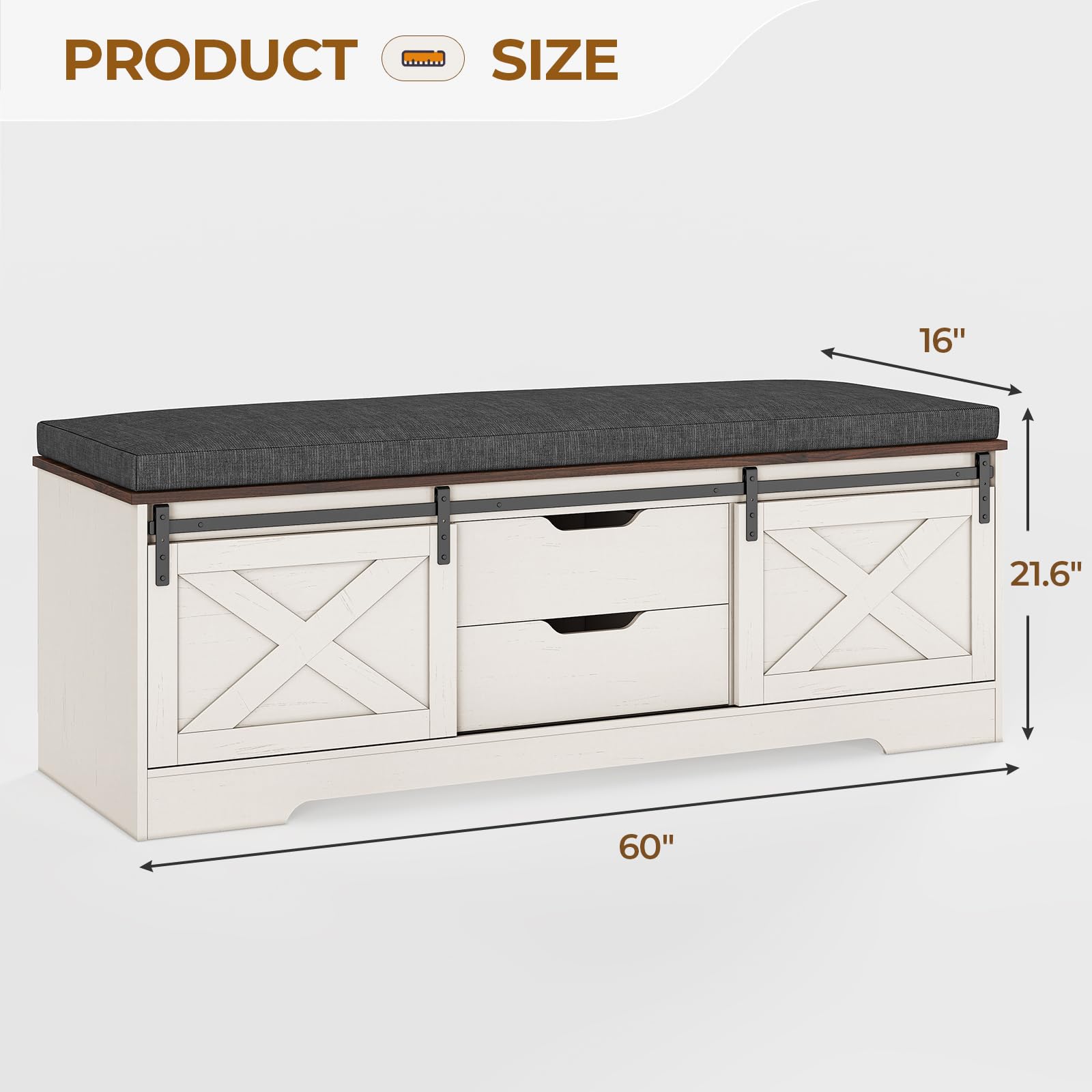 Farmhouse Storage Bench with Cushion & Sliding Barn Doors