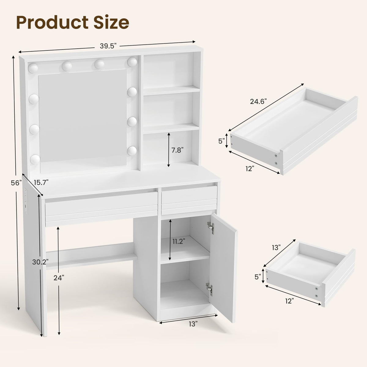 White Modern Makeup Vanity Desk with Mirror, LED Light & Removable Bulb